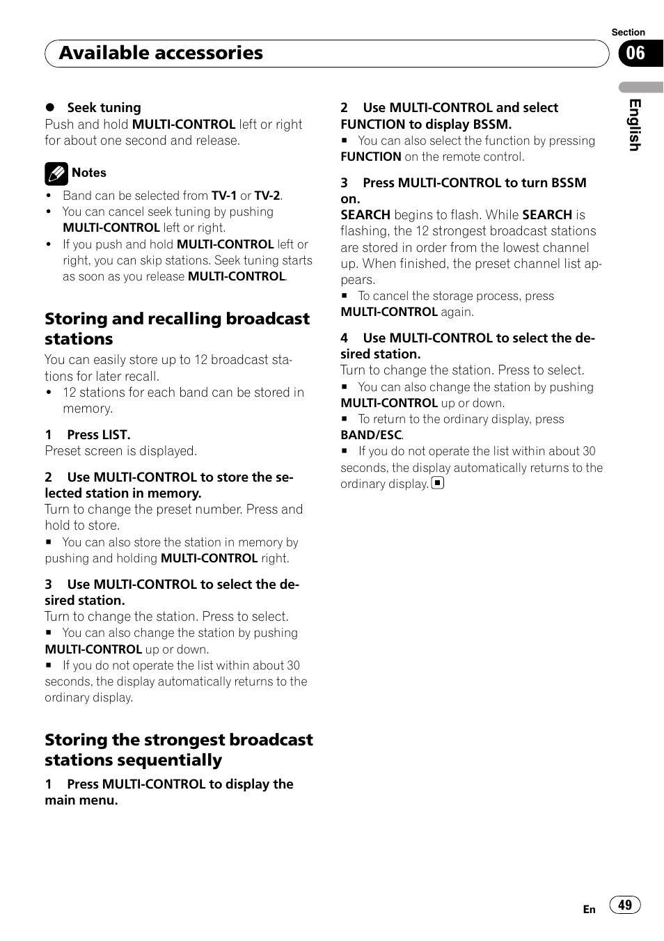 Storing and recalling broadcast, Stations, Storing the strongest broadcast | Stations sequentially, Available accessories, Storing and recalling broadcast stations | Pioneer DEH-P6000UB User Manual | Page 49 / 120