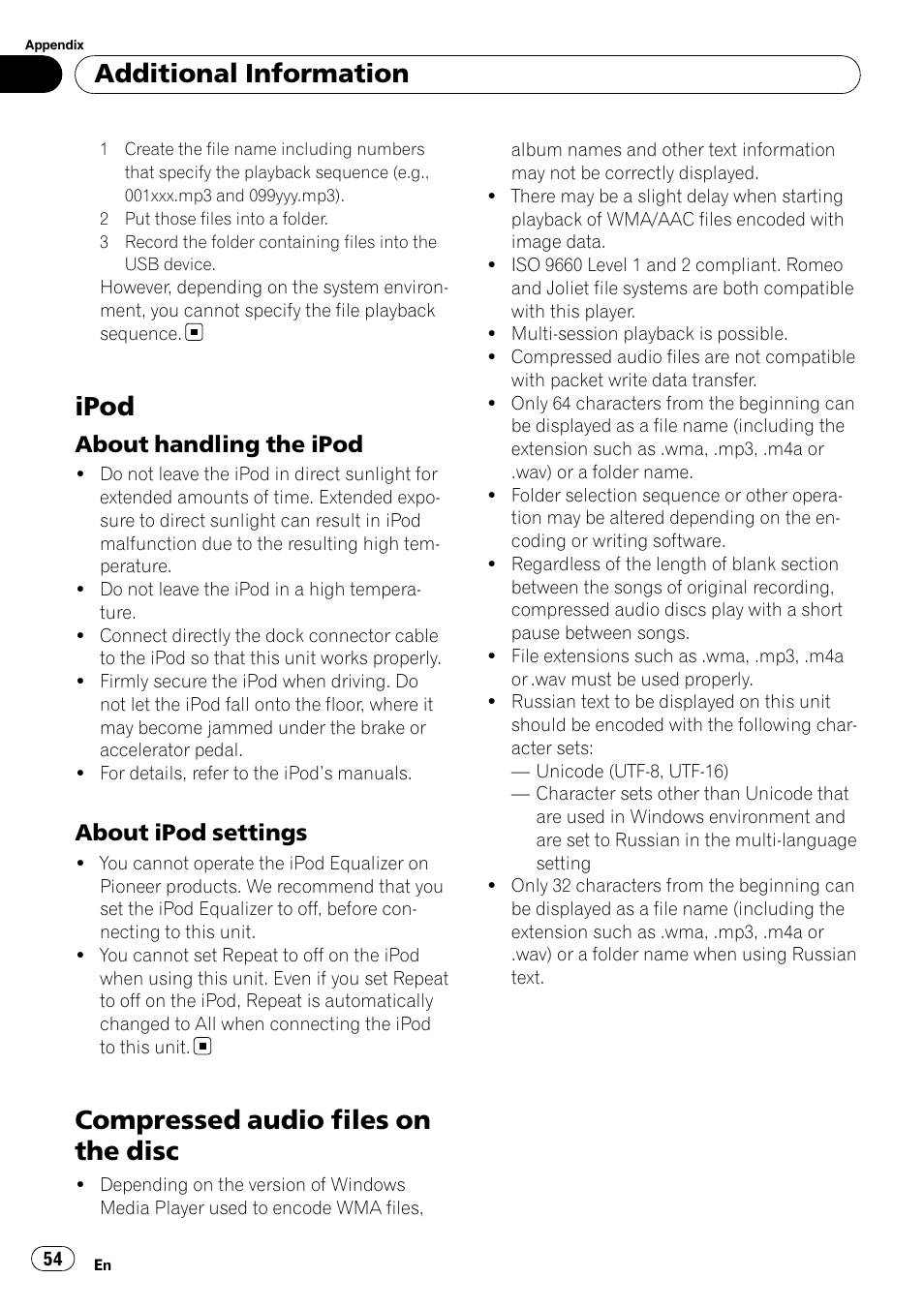 Ipod, About handling the ipod 54, About ipod settings 54 | Compressed audio files on the disc, Additional information, About handling the ipod, About ipod settings | Pioneer DEH-P6000UB User Manual | Page 54 / 120