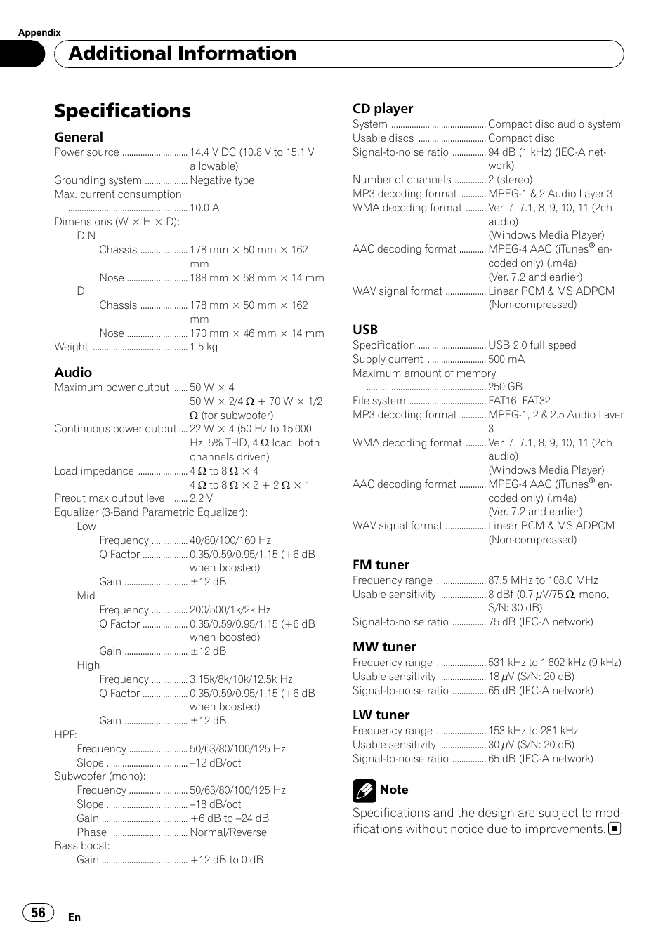 Specifications, Additional information | Pioneer DEH-P6000UB User Manual | Page 56 / 120