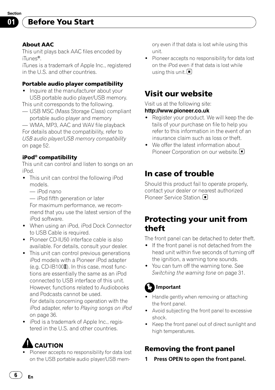 Visit our website, In case of trouble, Protecting your unit from theft | Removing the front panel 6, Before you start, Removing the front panel | Pioneer DEH-P6000UB User Manual | Page 6 / 120