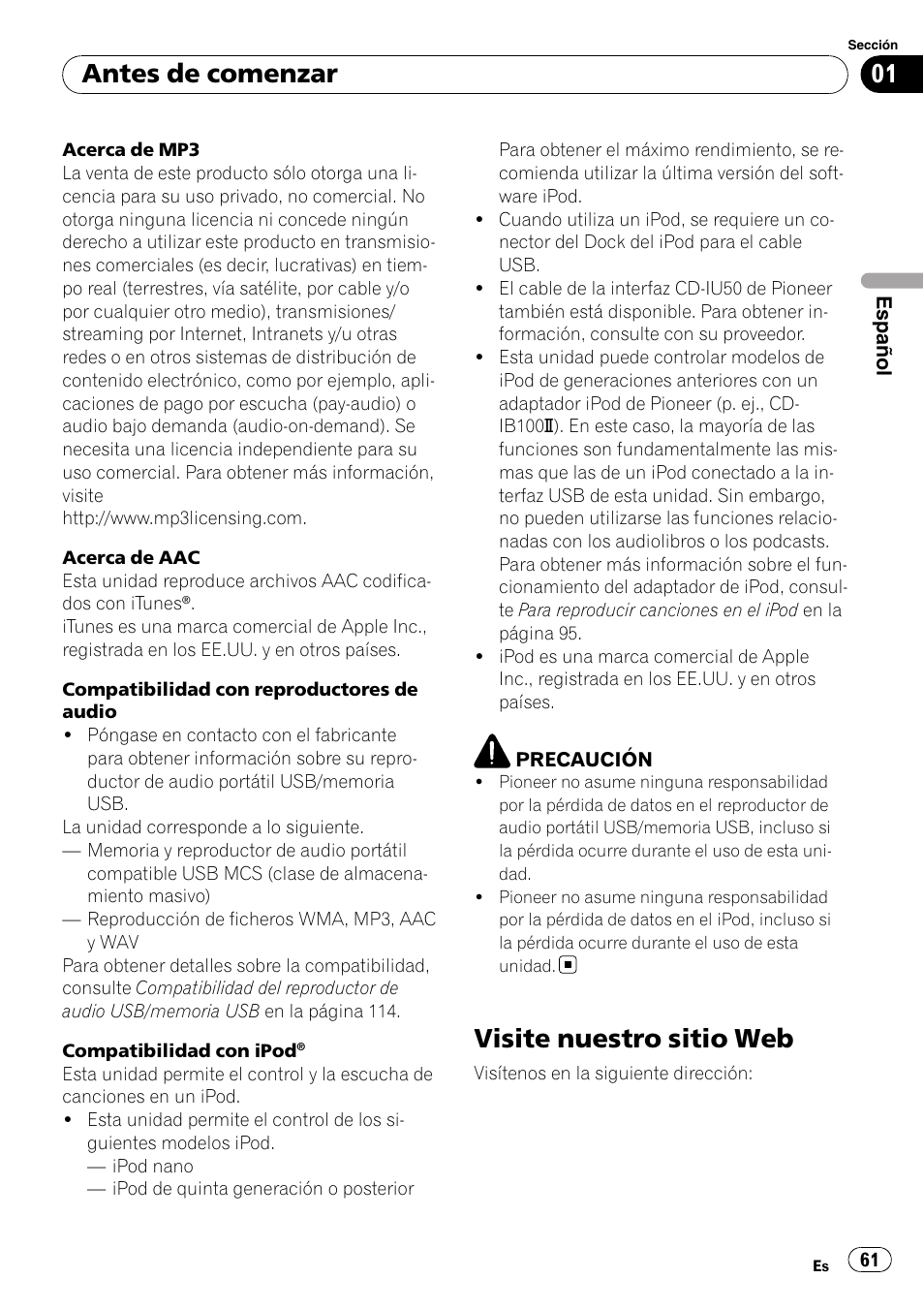 Visite nuestro sitio web, Antes de comenzar | Pioneer DEH-P6000UB User Manual | Page 61 / 120