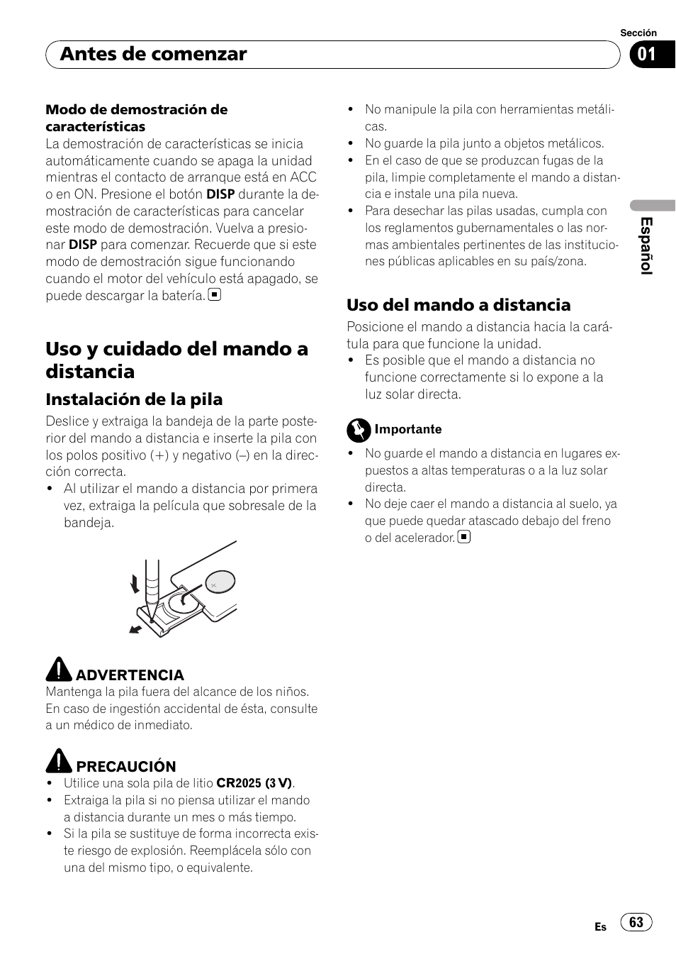 Uso y cuidado del mando a distancia, Instalación de la pila 63, Uso del mando a distancia 63 | Antes de comenzar, Instalación de la pila, Uso del mando a distancia | Pioneer DEH-P6000UB User Manual | Page 63 / 120