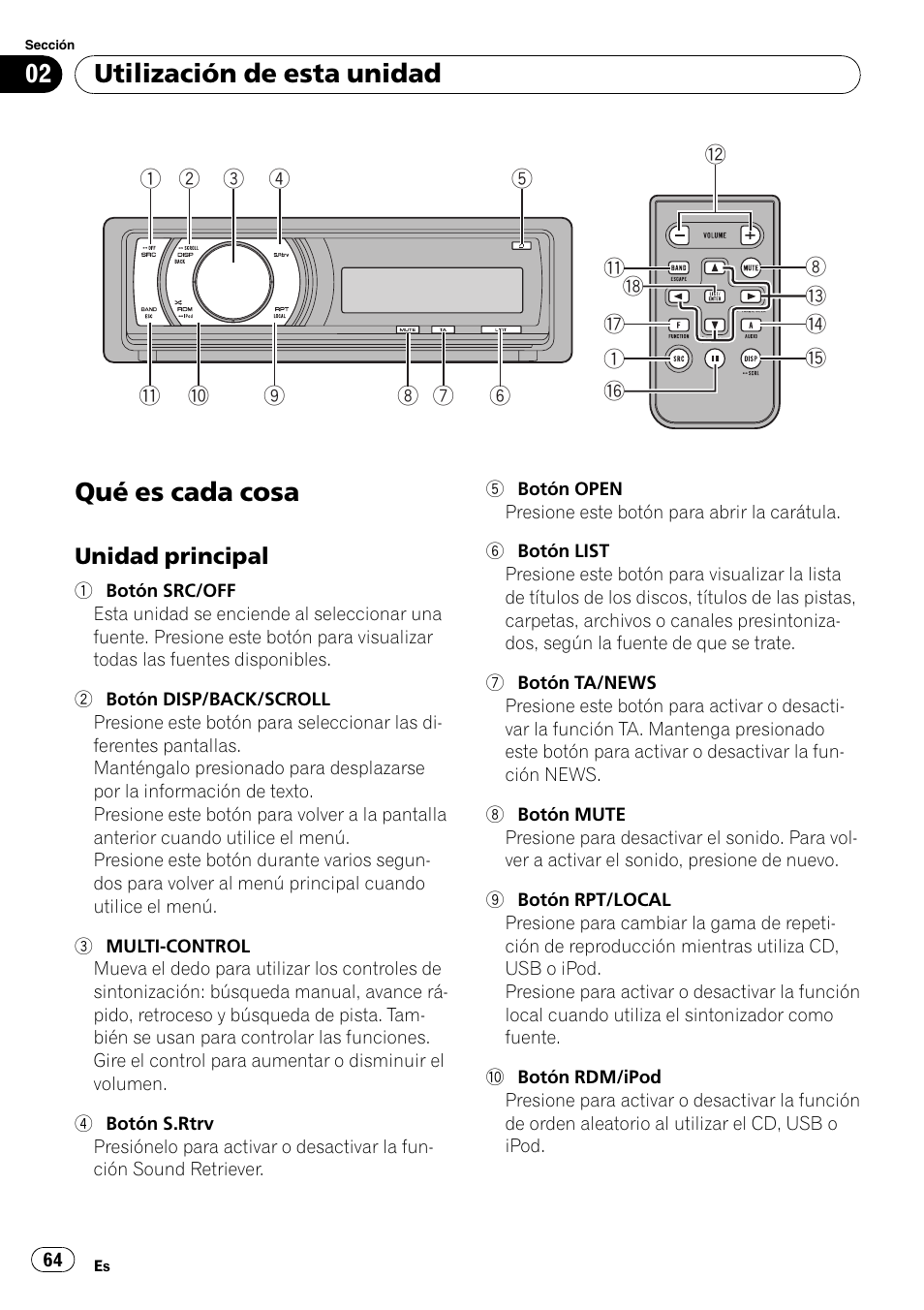 Utilización de esta unidad qué es cada cosa, Unidad principal 64, Qué es cada cosa | Utilización de esta unidad | Pioneer DEH-P6000UB User Manual | Page 64 / 120