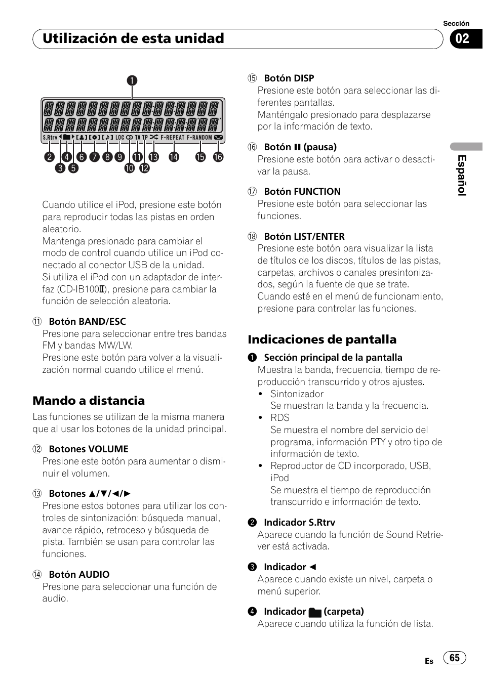 Mando a distancia 65, Indicaciones de pantalla 65, Utilización de esta unidad | Pioneer DEH-P6000UB User Manual | Page 65 / 120