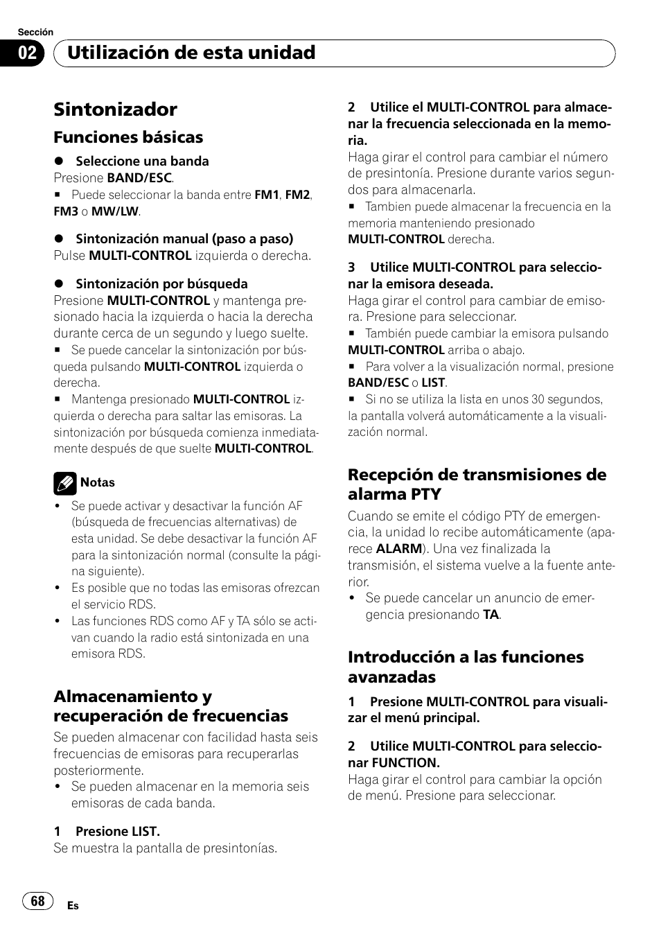 Sintonizador, Funciones básicas 68, Almacenamiento y recuperación de | Frecuencias, Recepción de transmisiones de alarma, Introducción a las funciones, Avanzadas, Utilización de esta unidad, Funciones básicas, Almacenamiento y recuperación de frecuencias | Pioneer DEH-P6000UB User Manual | Page 68 / 120