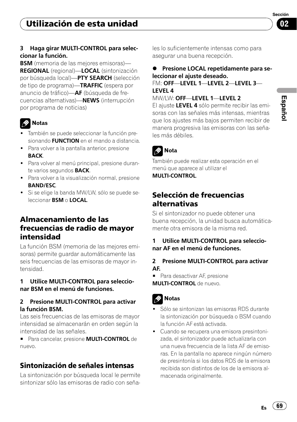 Almacenamiento de las frecuencias de, Radio de mayor intensidad, Sintonización de señales intensas 69 | Selección de frecuencias, Alternativas, Utilización de esta unidad, Sintonización de señales intensas, Selección de frecuencias alternativas | Pioneer DEH-P6000UB User Manual | Page 69 / 120