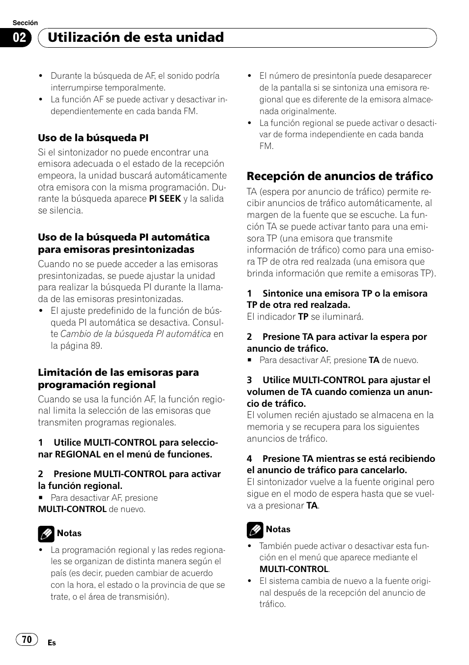 Recepción de anuncios de tráfico 70, Utilización de esta unidad, Recepción de anuncios de tráfico | Pioneer DEH-P6000UB User Manual | Page 70 / 120