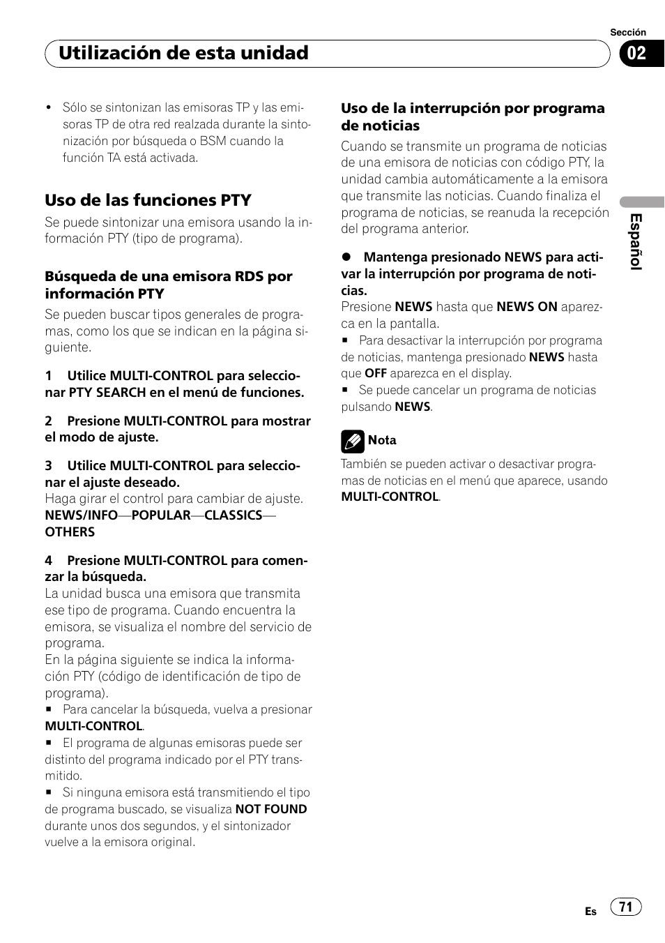 Uso de las funciones pty 71, Utilización de esta unidad, Uso de las funciones pty | Pioneer DEH-P6000UB User Manual | Page 71 / 120