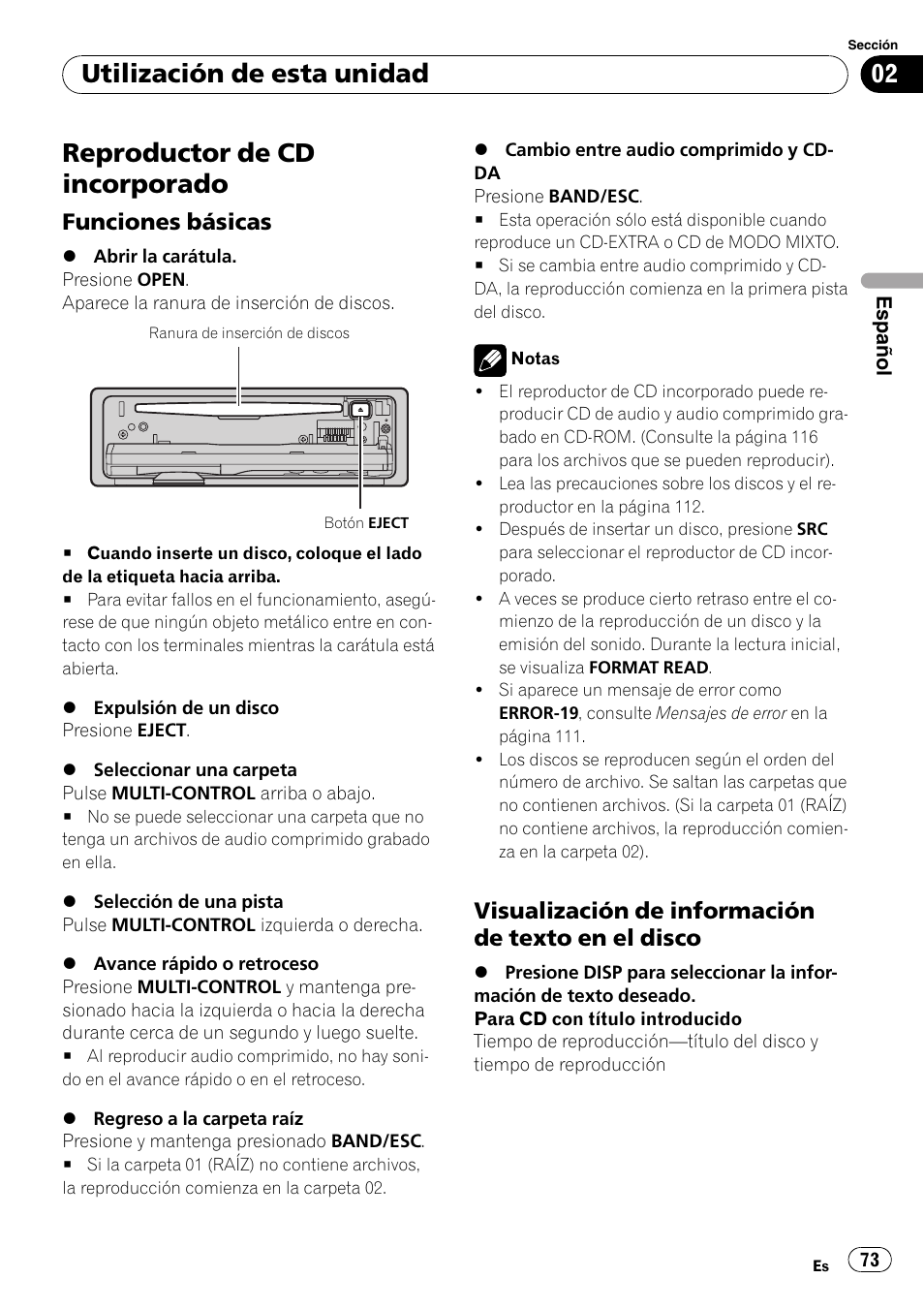 Reproductor de cd incorporado, Funciones básicas 73, Visualización de información de texto | En el disco, Utilización de esta unidad, Funciones básicas, Visualización de información de texto en el disco | Pioneer DEH-P6000UB User Manual | Page 73 / 120