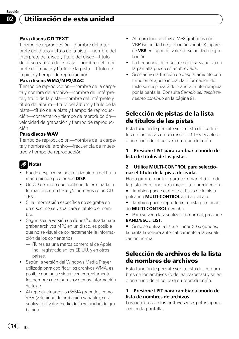 Selección de pistas de la lista de títulos, De las pistas, Selección de archivos de la lista de | Nombres de archivos, Utilización de esta unidad | Pioneer DEH-P6000UB User Manual | Page 74 / 120