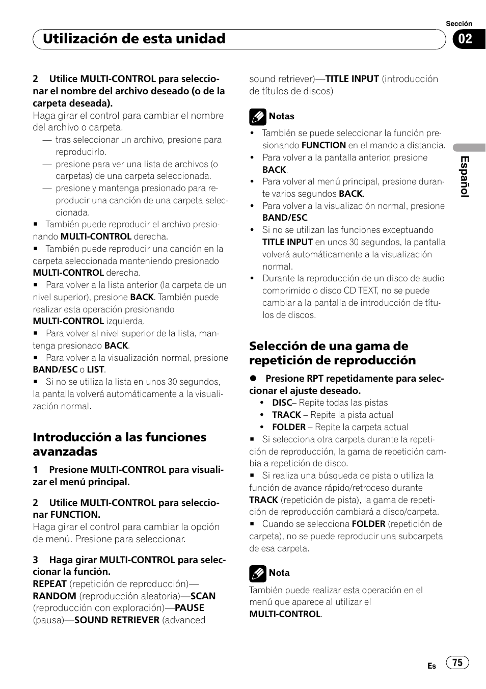Introducción a las funciones, Avanzadas, Selección de una gama de repetición | De reproducción, Utilización de esta unidad, Introducción a las funciones avanzadas | Pioneer DEH-P6000UB User Manual | Page 75 / 120