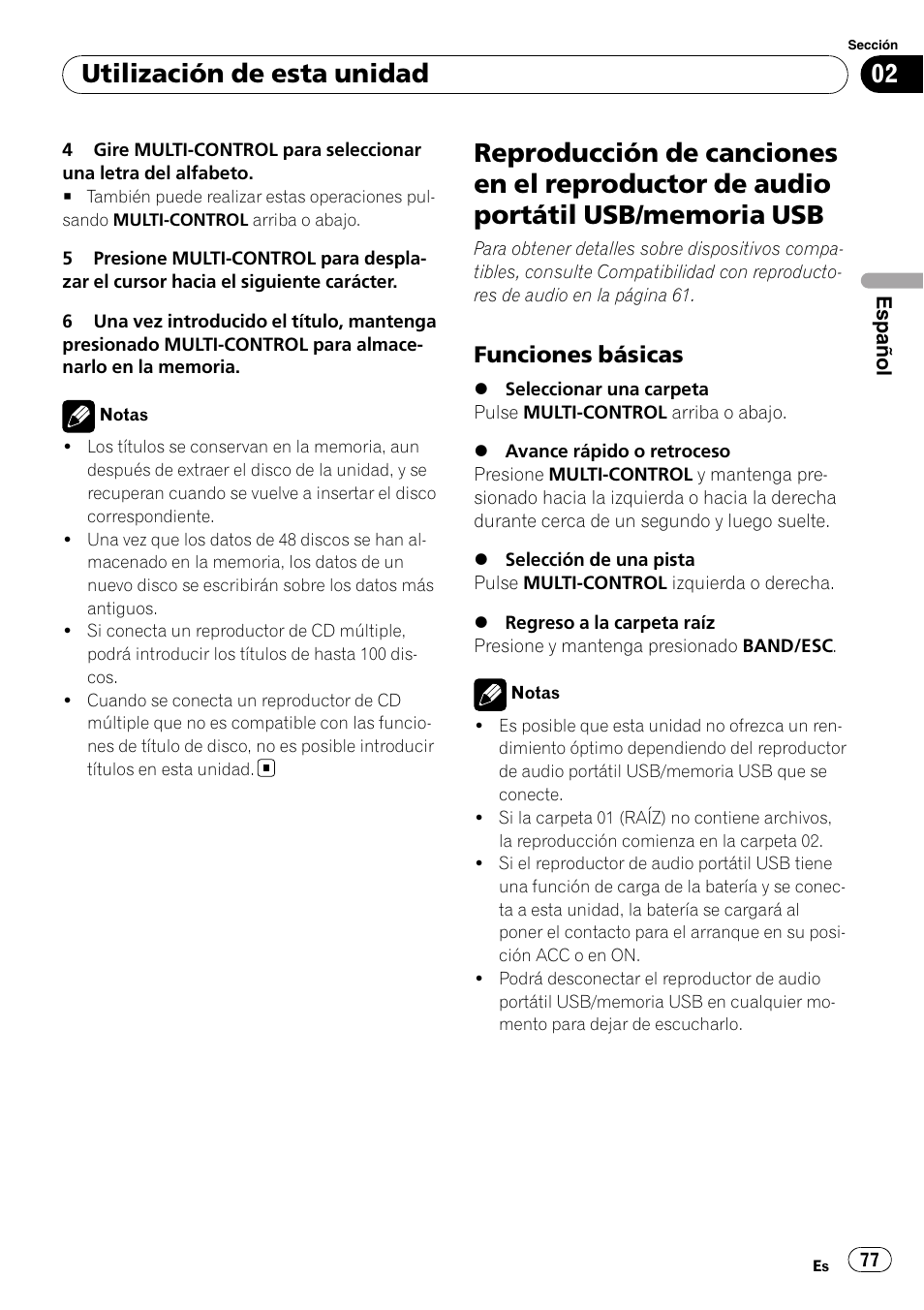 Reproducción de canciones en el, Reproductor de audio portátil usb/ memoria usb, Funciones básicas 77 | Utilización de esta unidad, Funciones básicas | Pioneer DEH-P6000UB User Manual | Page 77 / 120