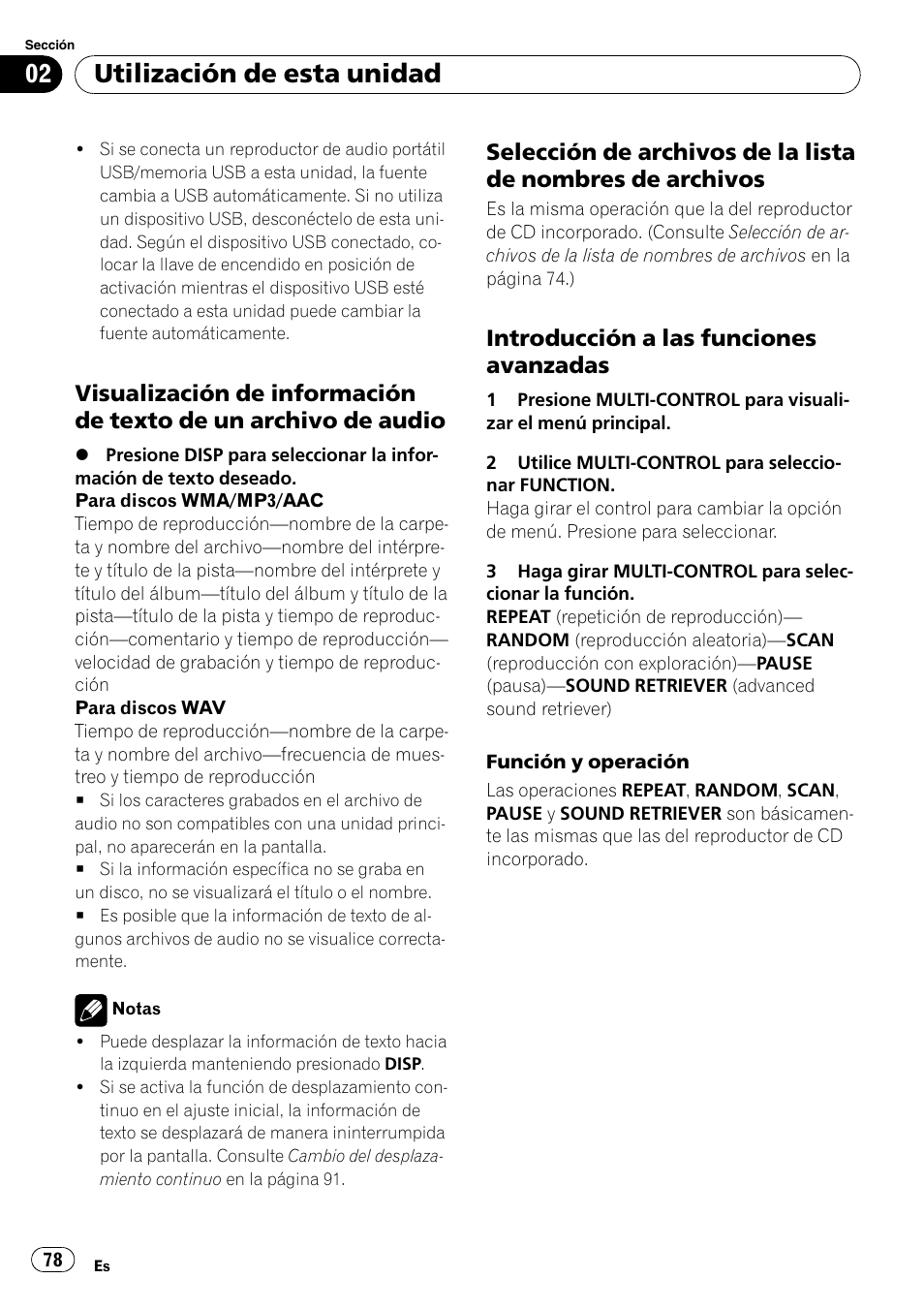 Visualización de información de texto, De un archivo de audio, Selección de archivos de la lista de | Nombres de archivos, Introducción a las funciones, Avanzadas, Utilización de esta unidad, Introducción a las funciones avanzadas | Pioneer DEH-P6000UB User Manual | Page 78 / 120