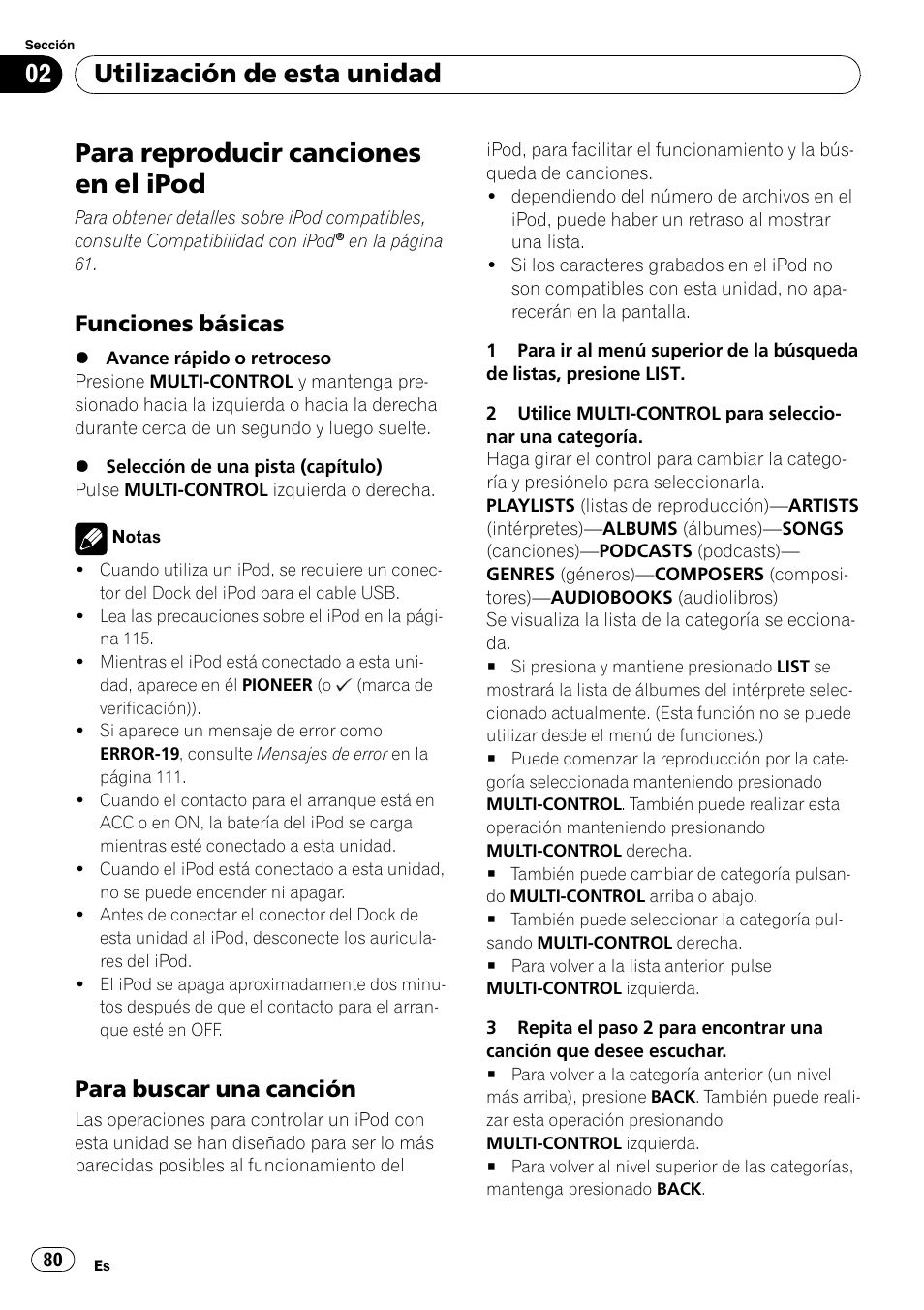 Para reproducir canciones en el ipod, Funciones básicas 80, Para buscar una canción 80 | Utilización de esta unidad, Funciones básicas, Para buscar una canción | Pioneer DEH-P6000UB User Manual | Page 80 / 120