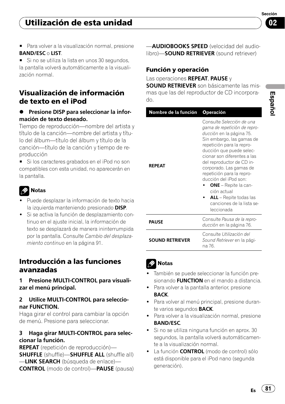Visualización de información de texto, En el ipod, Introducción a las funciones | Avanzadas, Utilización de esta unidad, Visualización de información de texto en el ipod, Introducción a las funciones avanzadas | Pioneer DEH-P6000UB User Manual | Page 81 / 120