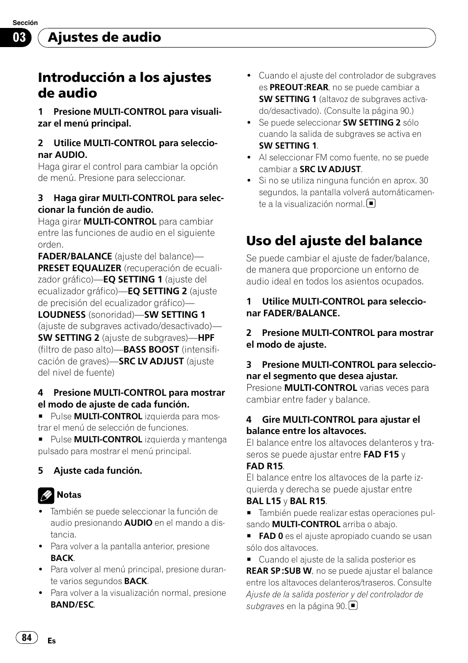 Uso del ajuste del balance, Introducción a los ajustes de audio, Ajustes de audio | Pioneer DEH-P6000UB User Manual | Page 84 / 120