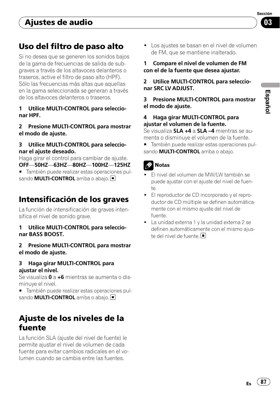 Uso del filtro de paso alto, Intensificación de los graves, Ajuste de los niveles de la fuente | Ajustes de audio | Pioneer DEH-P6000UB User Manual | Page 87 / 120