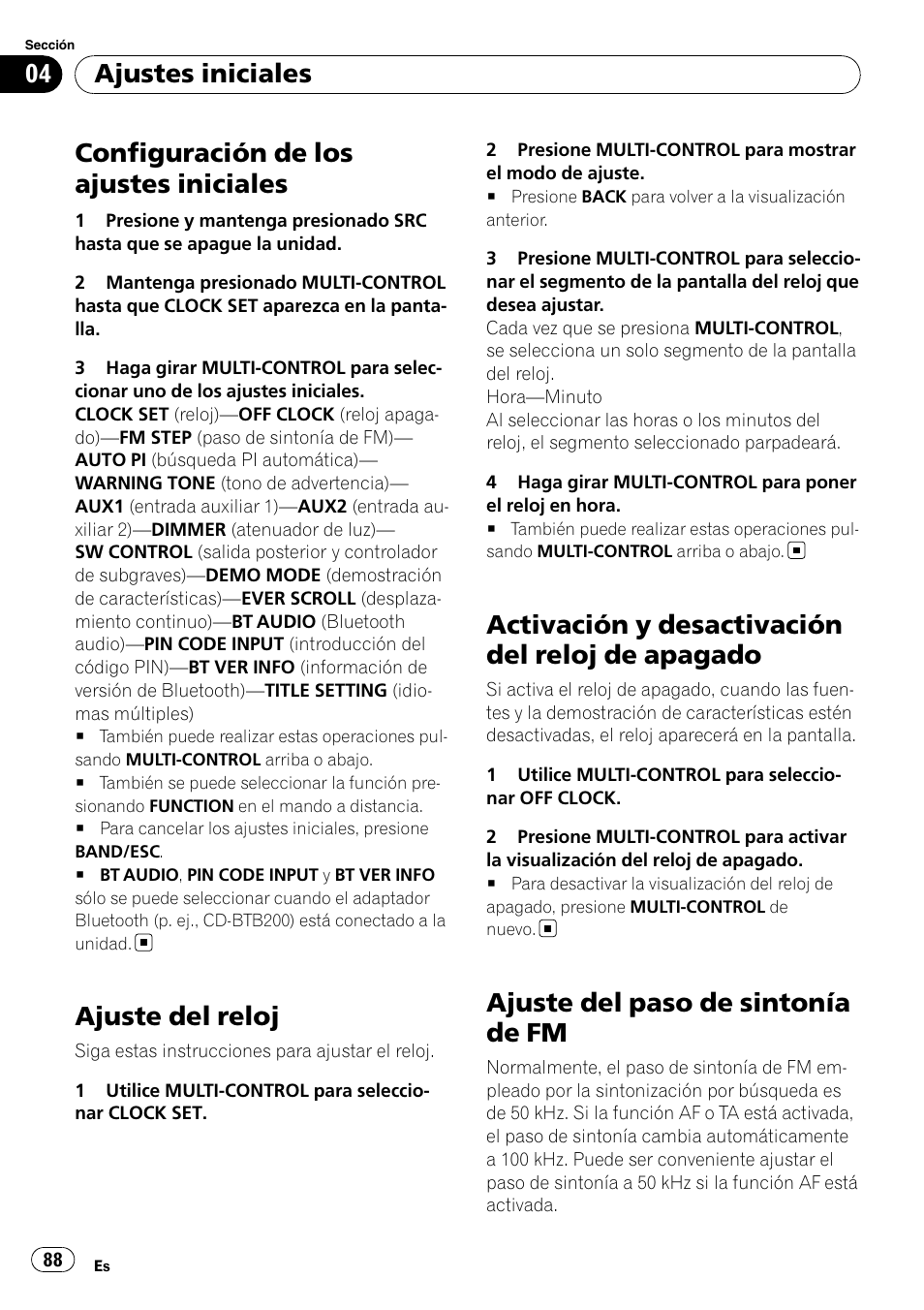 Ajuste del reloj, Activación y desactivación del reloj de, Apagado | Ajuste del paso de sintonía de fm, Configuración de los ajustes iniciales, Activación y desactivación del reloj de apagado, Ajustes iniciales | Pioneer DEH-P6000UB User Manual | Page 88 / 120