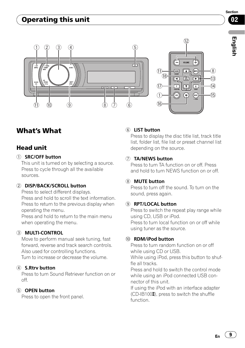 Operating this unit what, S what 9, Head unit 9 | What ’s what, Operating this unit | Pioneer DEH-P6000UB User Manual | Page 9 / 120