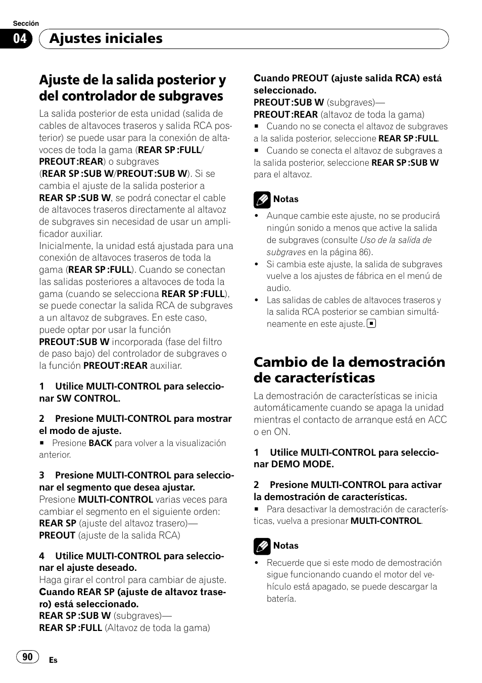 Ajuste de la salida posterior y del controlador, De subgraves, Cambio de la demostración de | Características, Cambio de la demostración de características, Ajustes iniciales | Pioneer DEH-P6000UB User Manual | Page 90 / 120