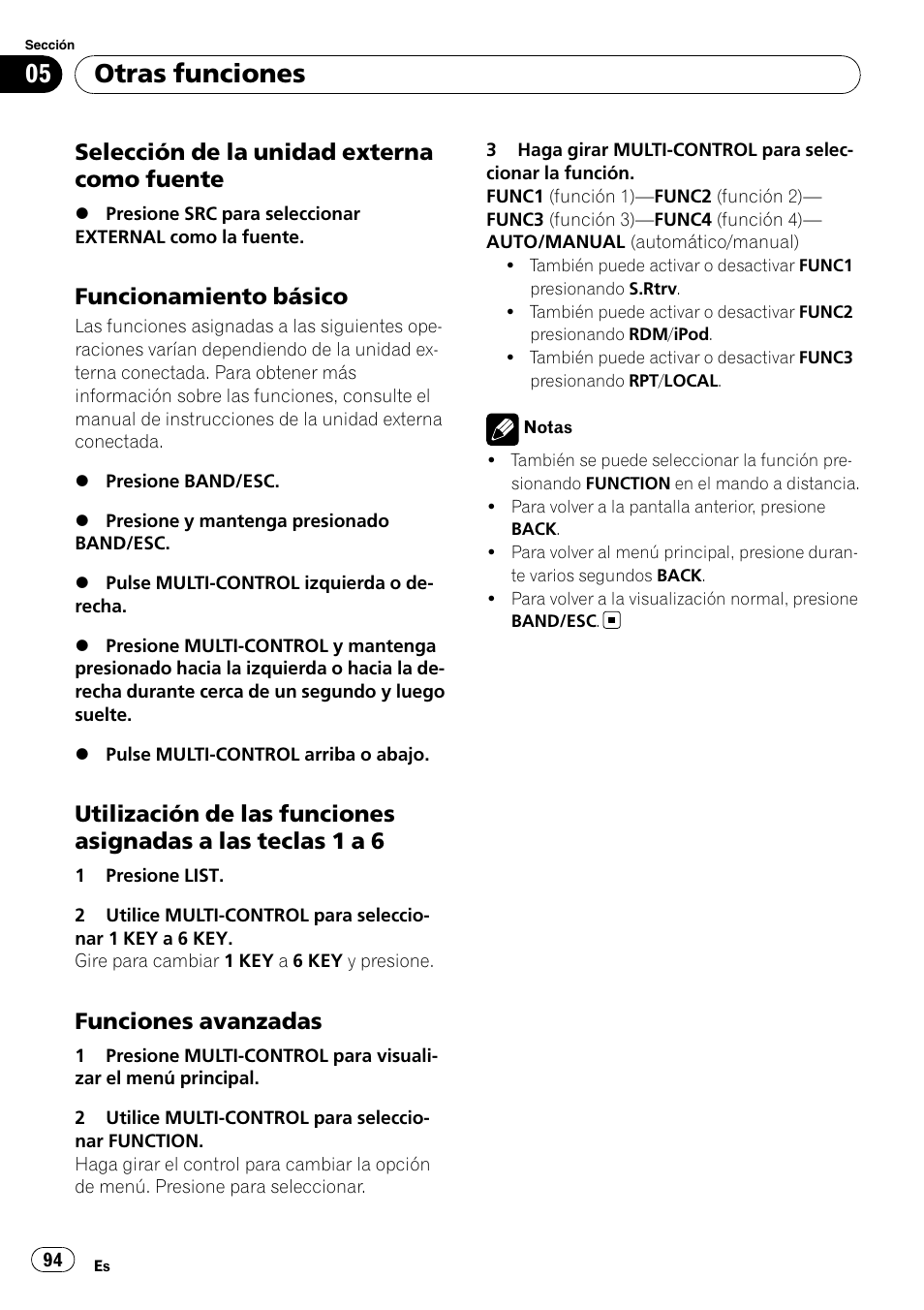 Selección de la unidad externa como, Fuente, Funcionamiento básico 94 | Utilización de las funciones asignadas, A las teclas 1 a 6, Funciones avanzadas 94, Otras funciones, Selección de la unidad externa como fuente, Funcionamiento básico, Funciones avanzadas | Pioneer DEH-P6000UB User Manual | Page 94 / 120