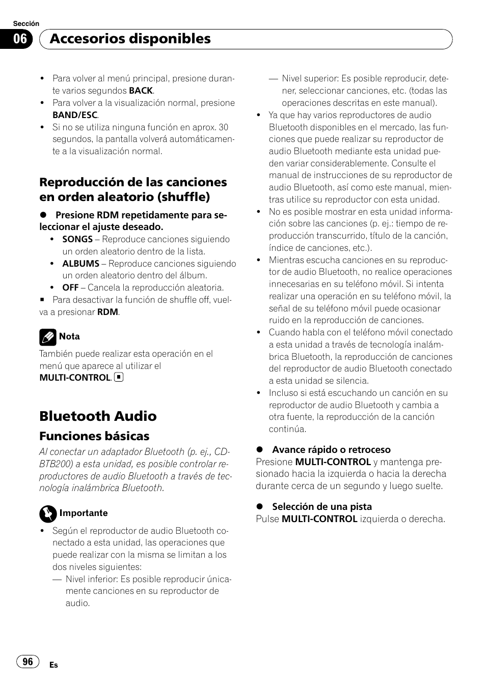 Reproducción de las canciones en, Orden aleatorio (shuffle), Bluetooth audio | Funciones básicas 96, Accesorios disponibles, Funciones básicas | Pioneer DEH-P6000UB User Manual | Page 96 / 120