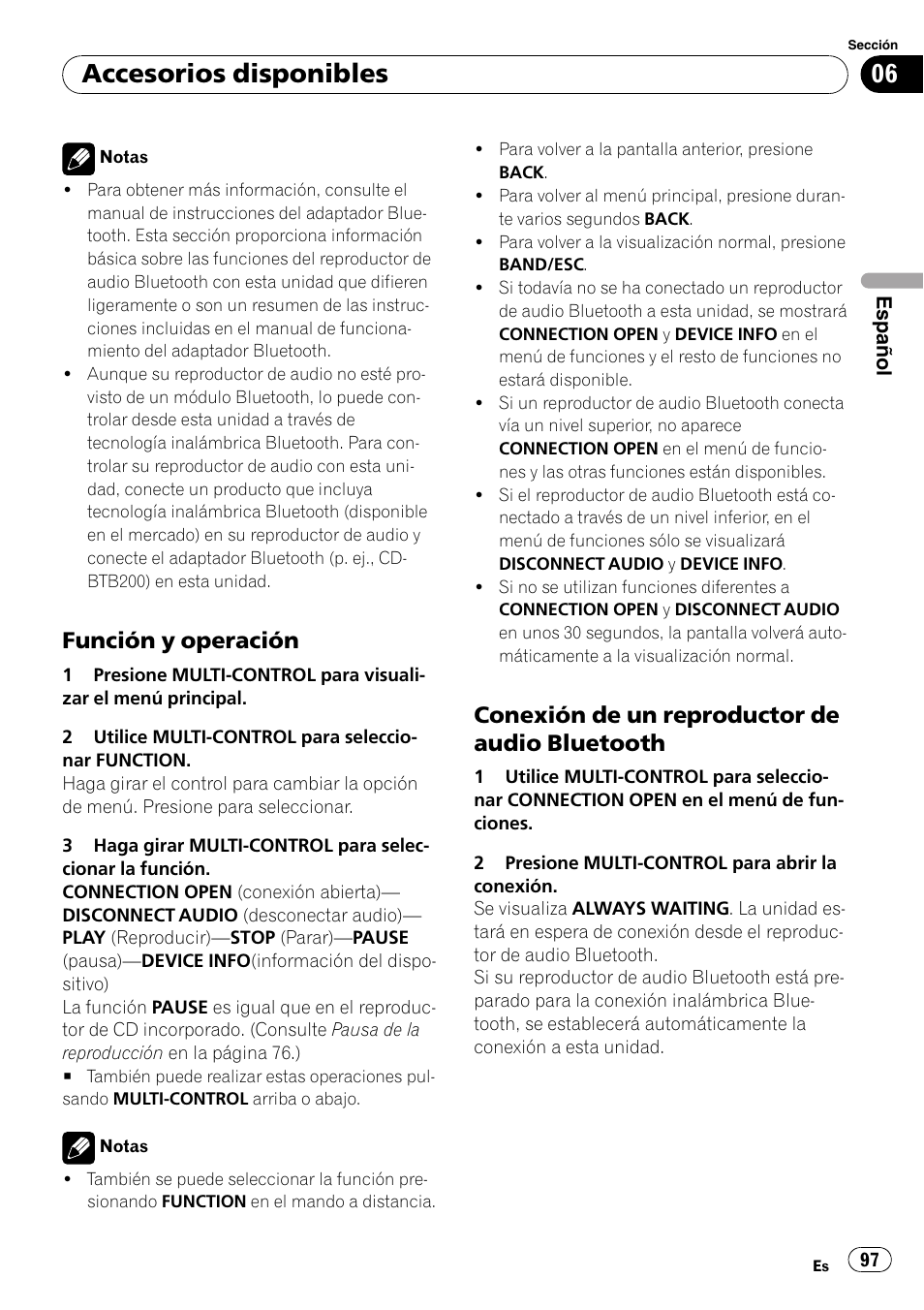 Función y operación 97, Conexión de un reproductor de audio, Bluetooth | Accesorios disponibles, Función y operación, Conexión de un reproductor de audio bluetooth | Pioneer DEH-P6000UB User Manual | Page 97 / 120