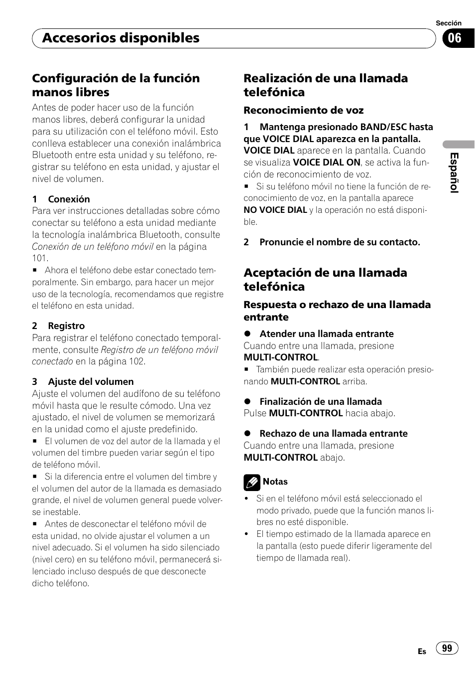 Configuración de la función manos, Libres, Realización de una llamada | Telefónica, Aceptación de una llamada, Accesorios disponibles, Configuración de la función manos libres, Realización de una llamada telefónica, Aceptación de una llamada telefónica | Pioneer DEH-P6000UB User Manual | Page 99 / 120