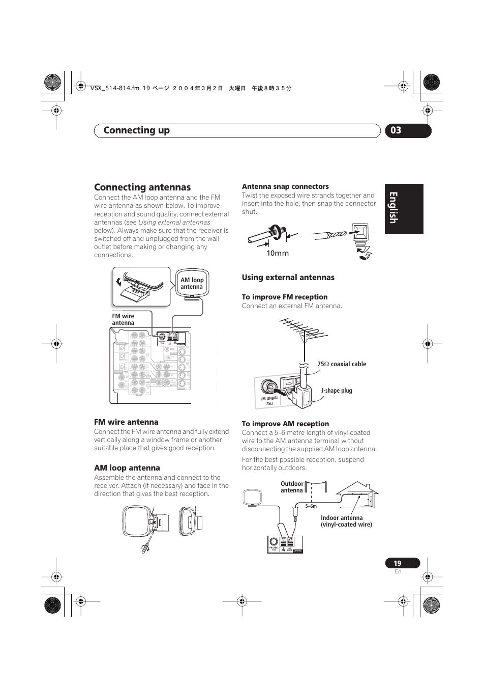 Connecting antennas, Fm wire antenna, Am loop antenna | Using external antennas, English italiano français, Nederlands, Español deutsch, Connecting up 03, Antenna snap connectors, 10mm | Pioneer VSX-D514 User Manual | Page 19 / 75