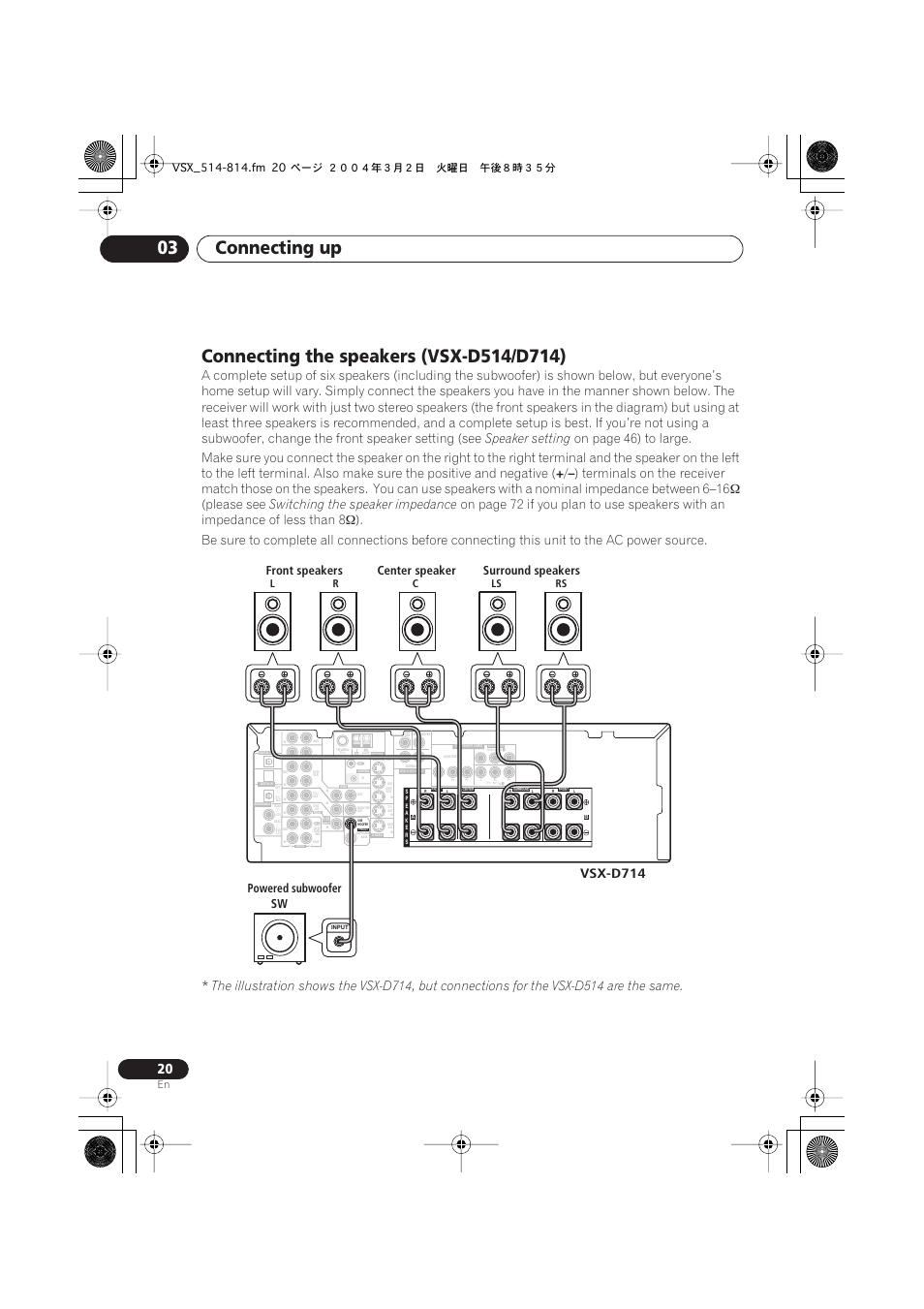 Connecting the speakers (vsx-d514/d714), Connecting up 03, Speaker setting | Please see, Switching the speaker impedance, Vsx-d714, Front speakers, Lr c ls rs | Pioneer VSX-D514 User Manual | Page 20 / 75