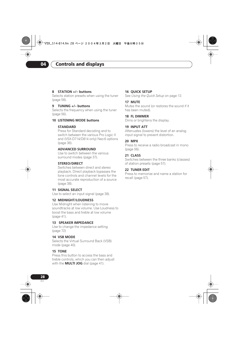 Controls and displays 04 | Pioneer VSX-D514 User Manual | Page 28 / 75