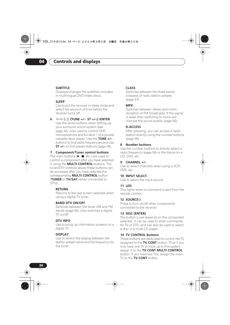 Controls and displays 04 | Pioneer VSX-D514 User Manual | Page 34 / 75