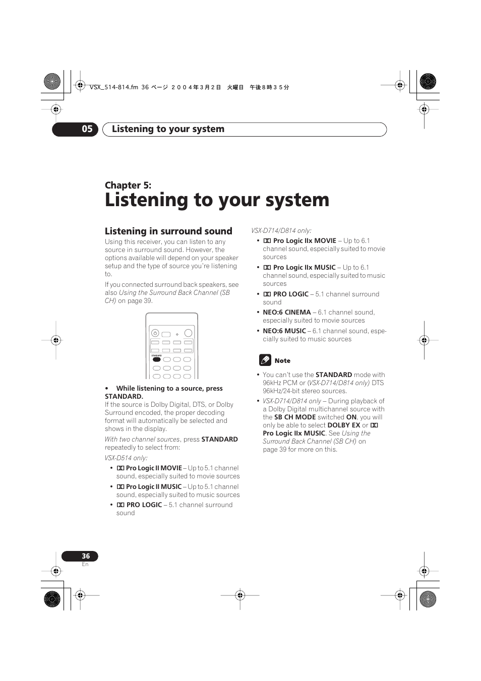 05 listening to your system, Listening in surround sound, Listening to your system | Listening to your system 05, Chapter 5 | Pioneer VSX-D514 User Manual | Page 36 / 75