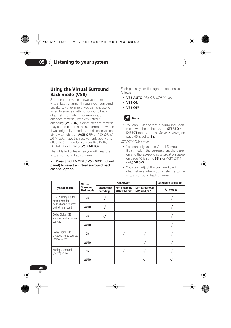 Using the virtual surround back mode (vsb), Listening to your system 05 | Pioneer VSX-D514 User Manual | Page 40 / 75