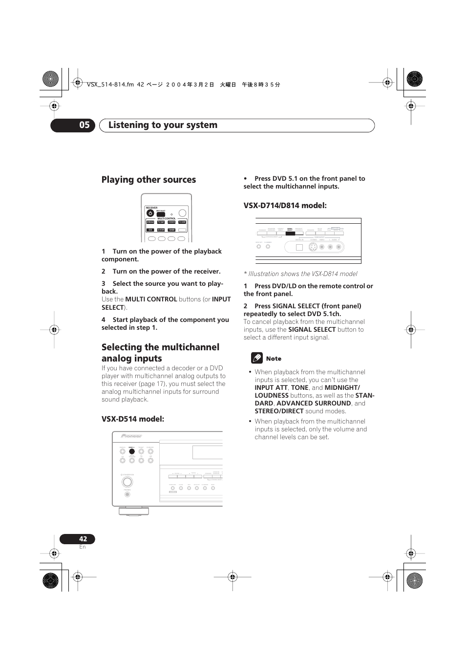 Playing other sources, Selecting the multichannel analog inputs, Vsx-d514 model | Vsx-d714/d814 model, Listening to your system 05 | Pioneer VSX-D514 User Manual | Page 42 / 75