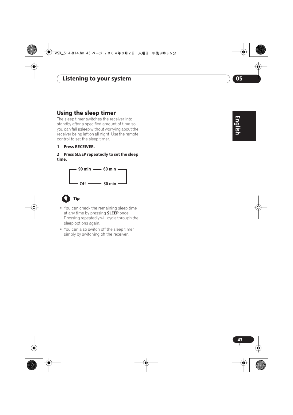 Using the sleep timer, English italiano français, Nederlands | Español deutsch, Listening to your system 05 | Pioneer VSX-D514 User Manual | Page 43 / 75