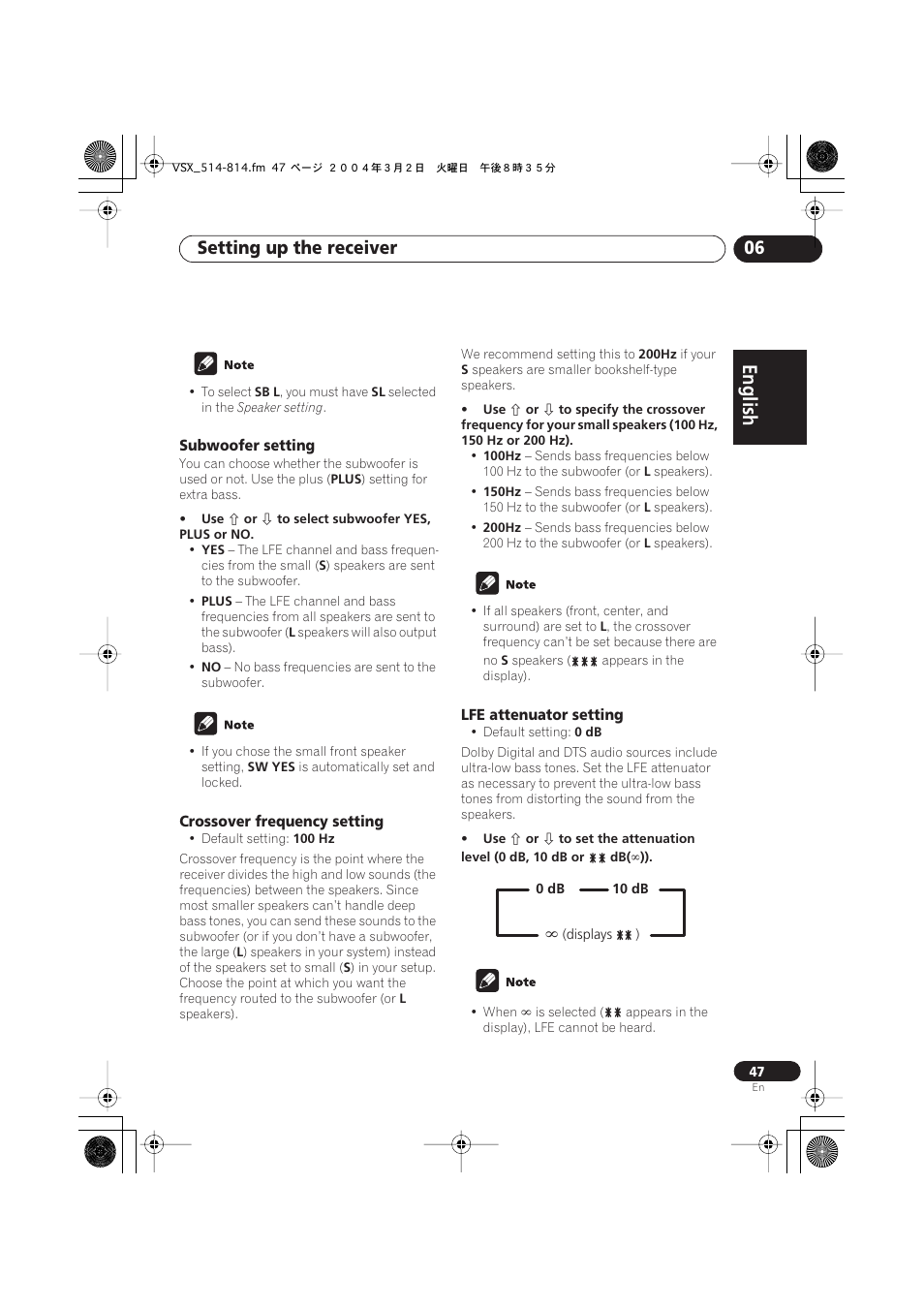 Subwoofer setting, Crossover frequency setting, Lfe attenuator setting | English italiano français, Nederlands, Español deutsch, Setting up the receiver 06 | Pioneer VSX-D514 User Manual | Page 47 / 75