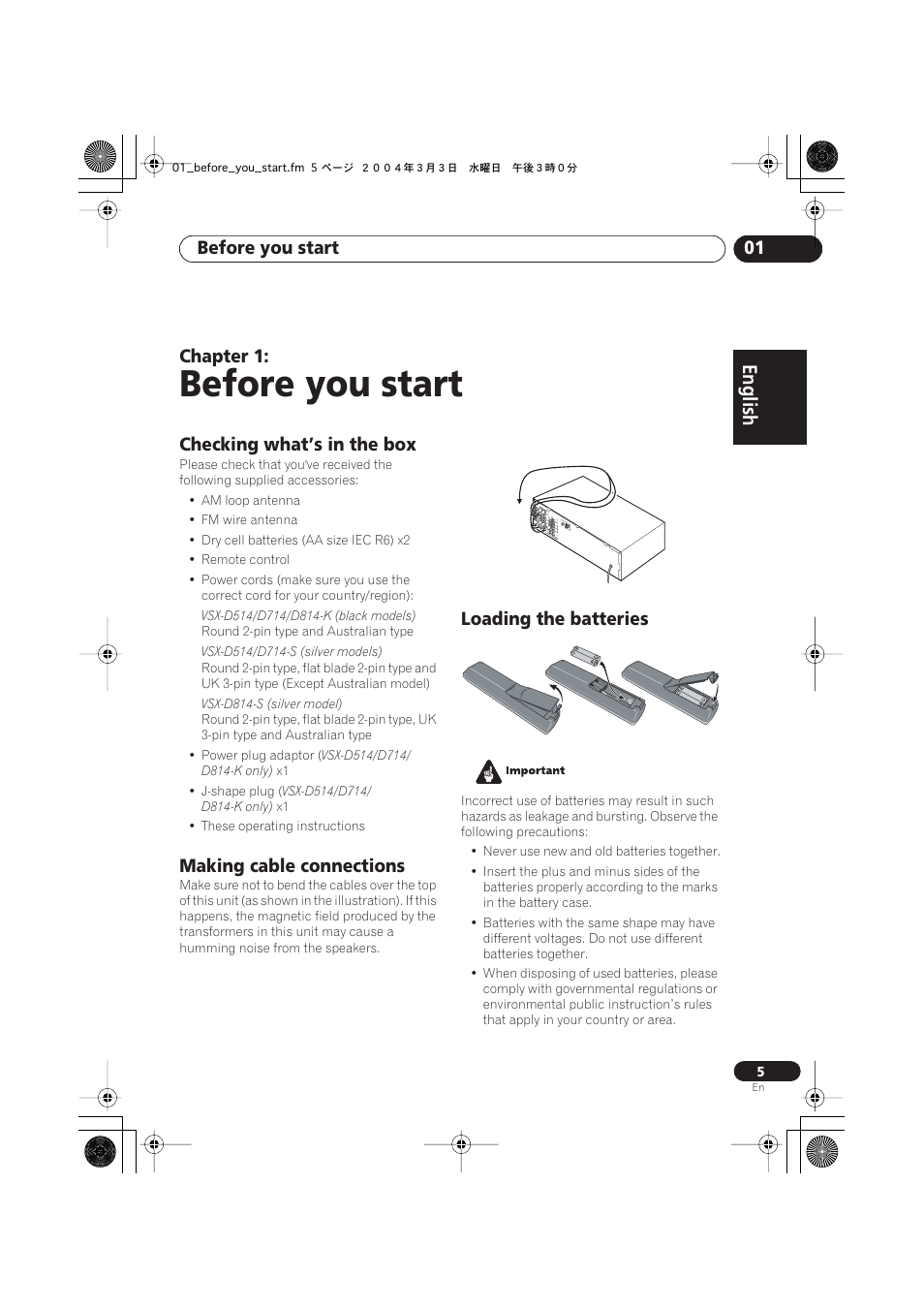 01 before you start, Checking what’s in the box, Making cable connections | Loading the batteries, Before you start, English italiano français, Nederlands, Español deutsch, Before you start 01, Chapter 1 | Pioneer VSX-D514 User Manual | Page 5 / 75