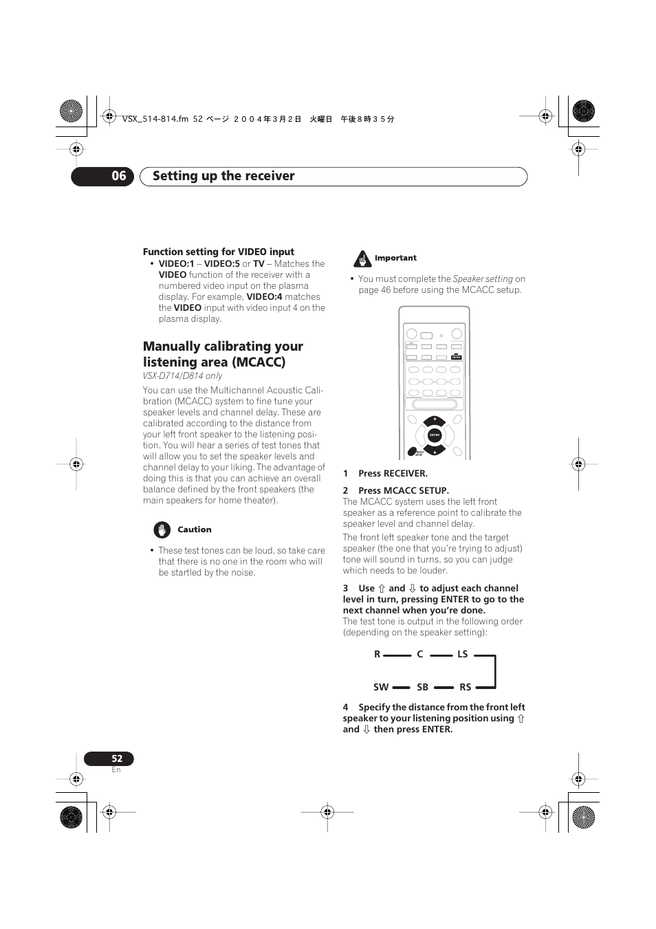 Manually calibrating your listening area (mcacc), Setting up the receiver 06 | Pioneer VSX-D514 User Manual | Page 52 / 75