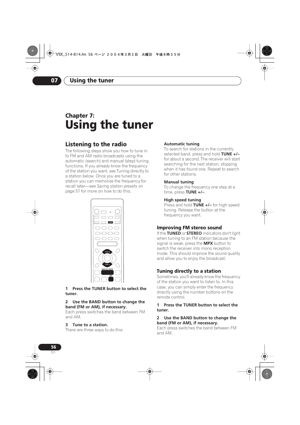 07 using the tuner, Listening to the radio, Improving fm stereo sound | Tuning directly to a station, Using the tuner, Using the tuner 07, Chapter 7 | Pioneer VSX-D514 User Manual | Page 56 / 75