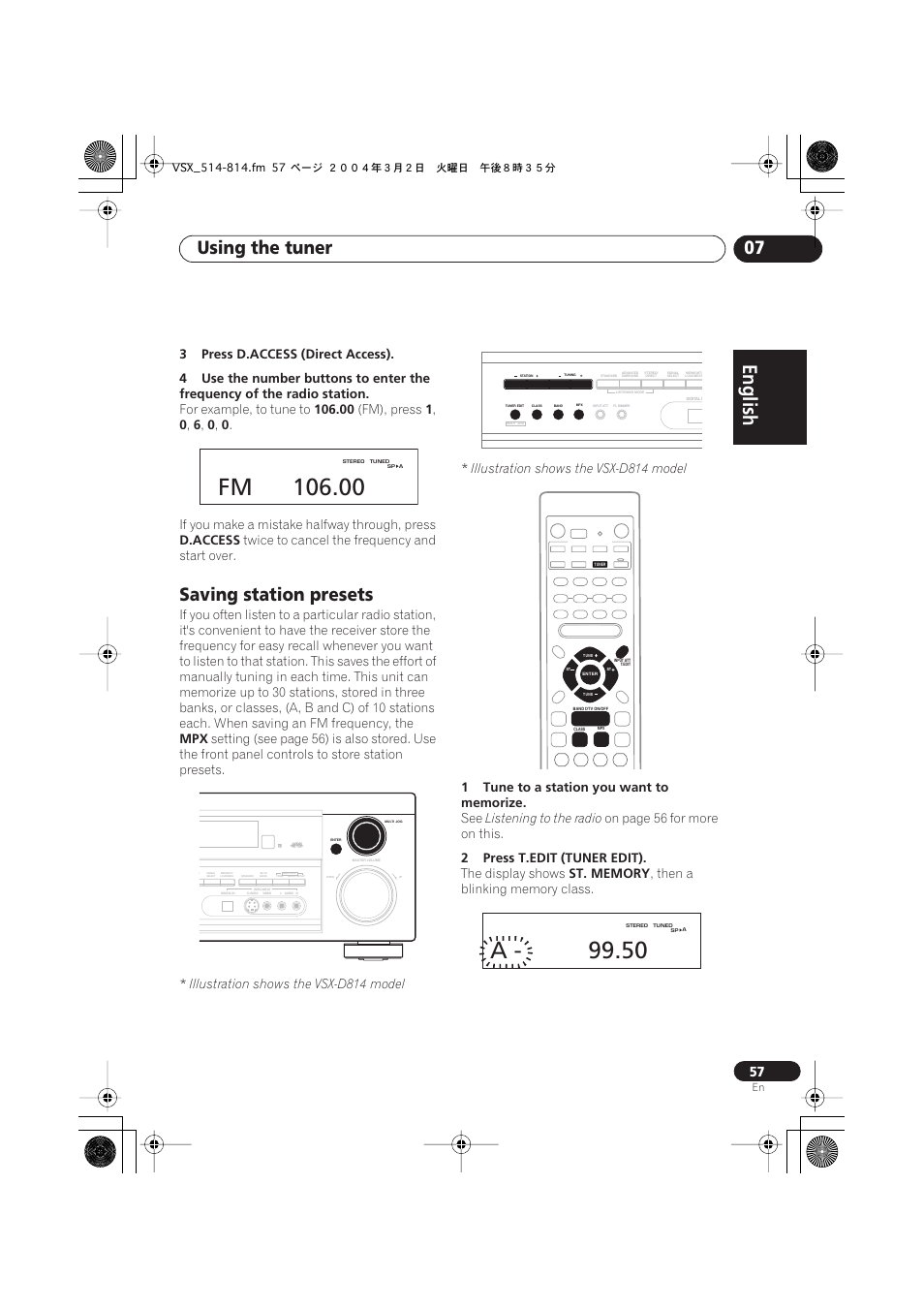 Saving station presets, A - 99.50, English italiano français | Nederlands, Español deutsch, Using the tuner 07 | Pioneer VSX-D514 User Manual | Page 57 / 75