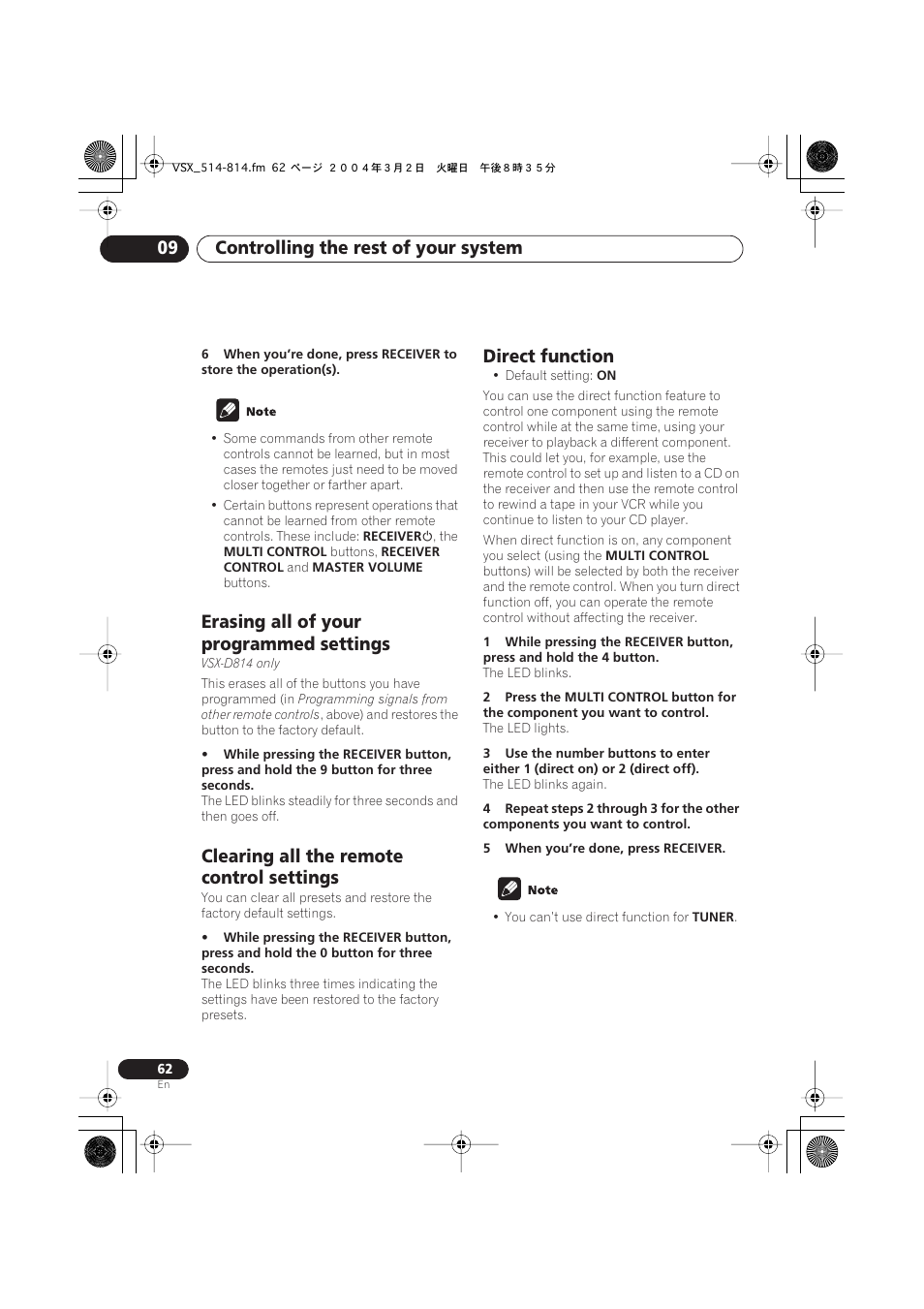 Erasing all of your programmed settings, Clearing all the remote control settings, Direct function | Controlling the rest of your system 09 | Pioneer VSX-D514 User Manual | Page 62 / 75