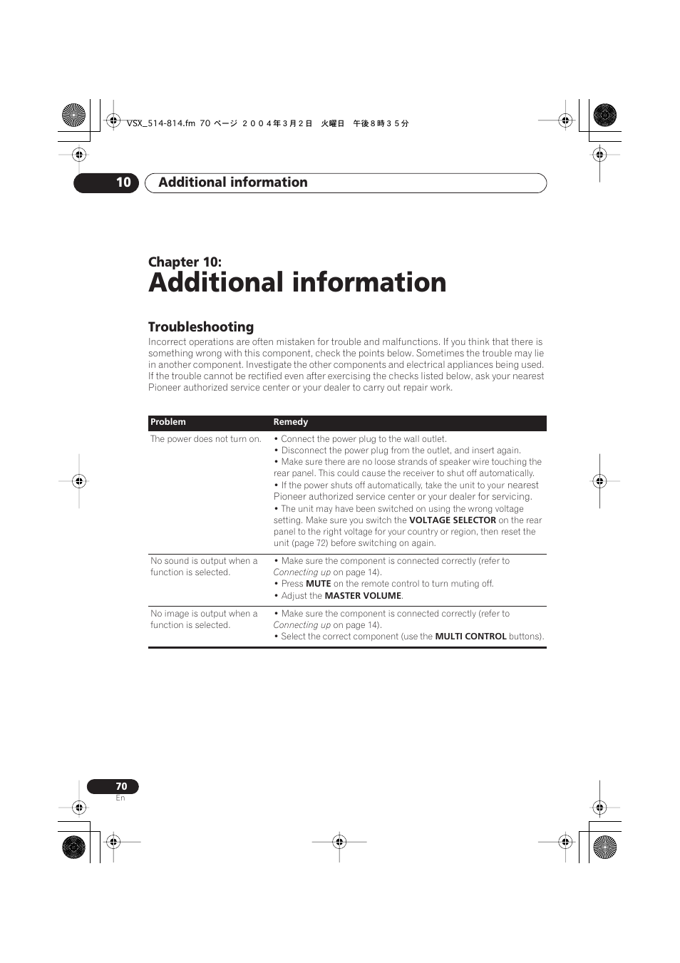 10 additional information, Troubleshooting, Additional information | Additional information 10, Chapter 10 | Pioneer VSX-D514 User Manual | Page 70 / 75