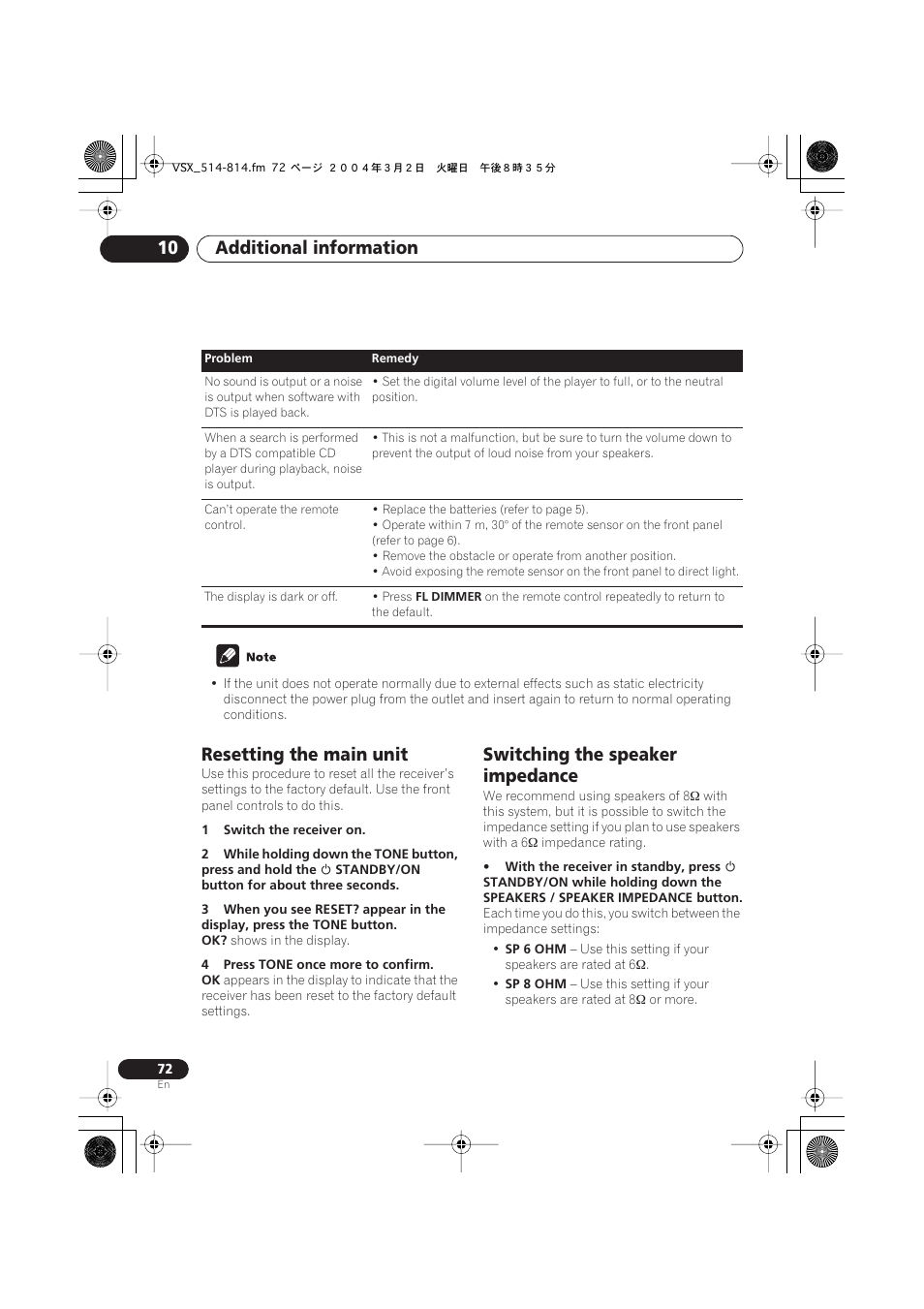 Resetting the main unit, Switching the speaker impedance, Additional information 10 | Pioneer VSX-D514 User Manual | Page 72 / 75