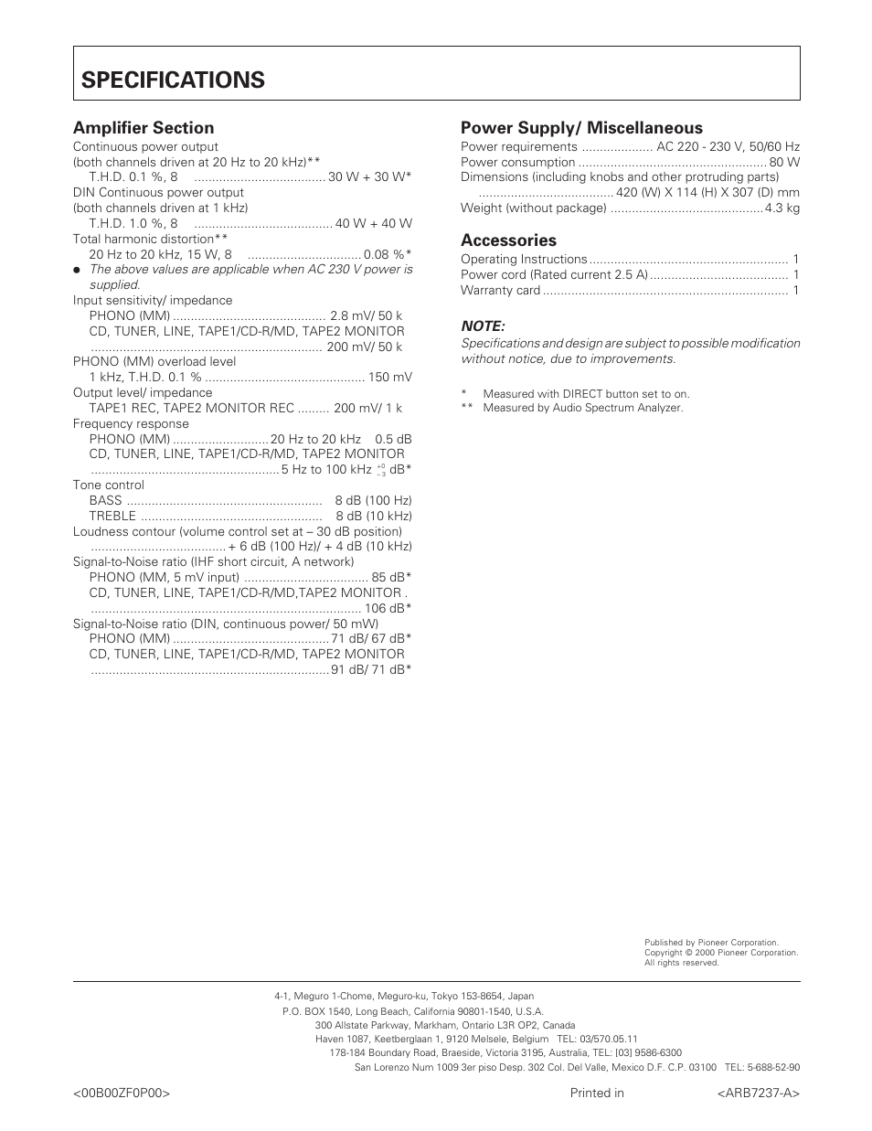 Specifications, Power supply/ miscellaneous, Accessories | Pioneer A-109 User Manual | Page 12 / 12