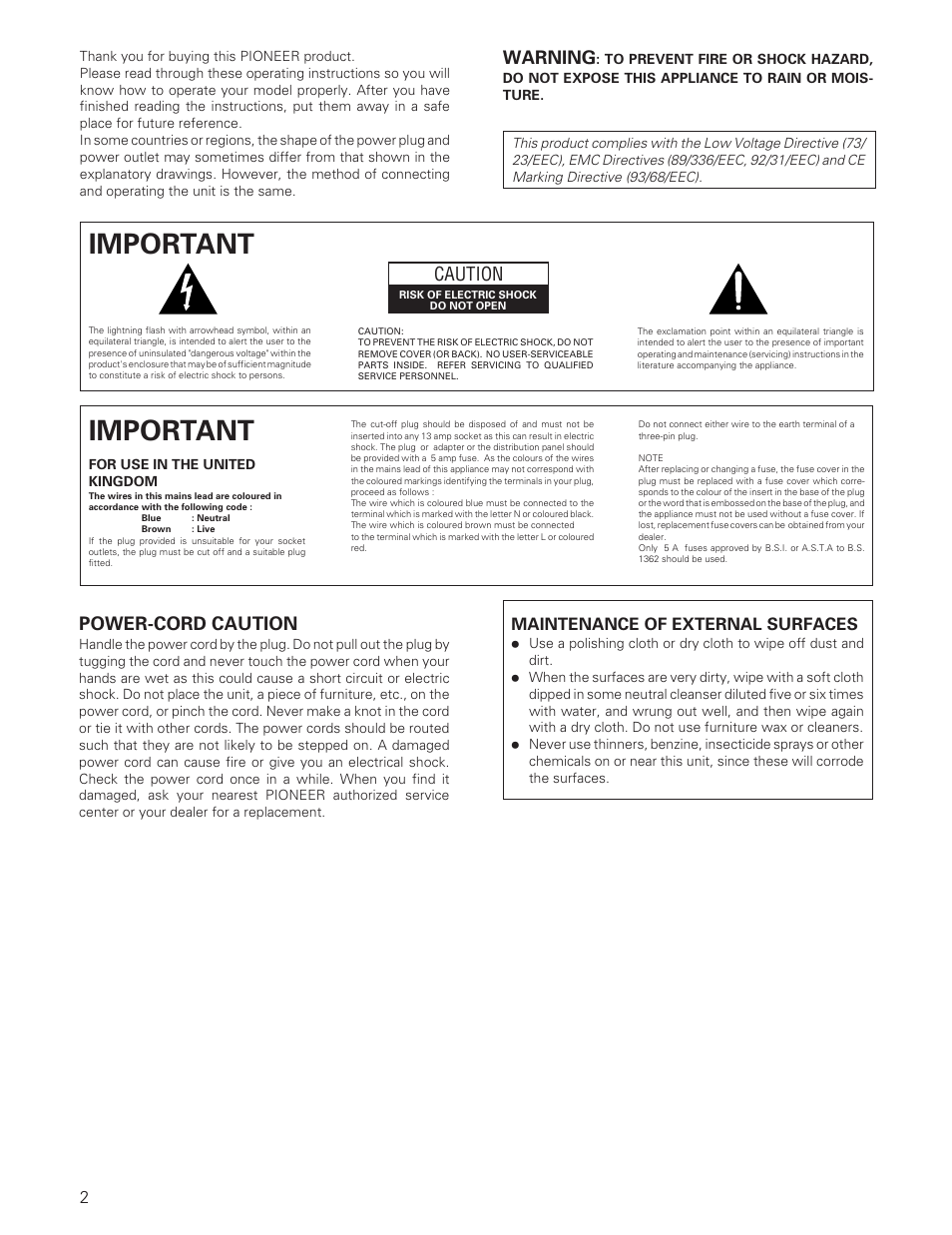 Important, Power-cord caution, Warning | Caution, Maintenance of external surfaces | Pioneer A-109 User Manual | Page 2 / 12