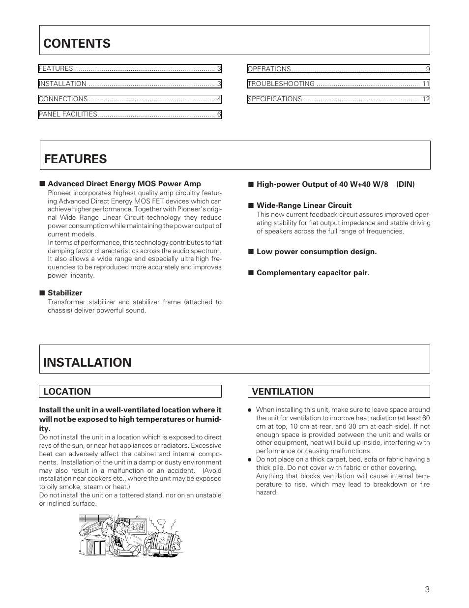 Operating instructions, Stereo amplifier, A-109 | Contents features, Installation | Pioneer A-109 User Manual | Page 3 / 12