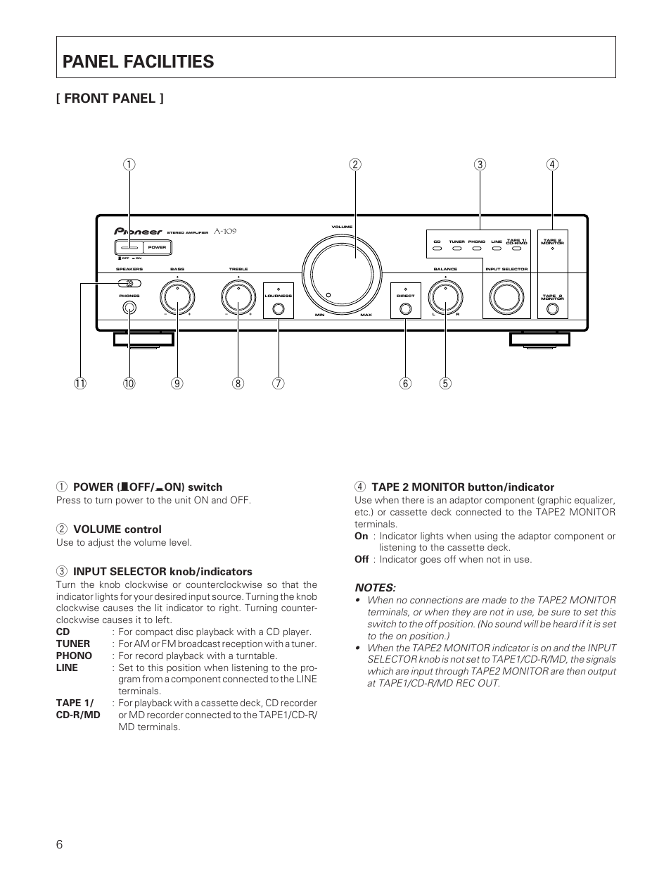 Panel facilities, Front panel, Tape 2 monitor button/indicator | Power ( — off/ _ on) switch, Volume control, Input selector knob/indicators | Pioneer A-109 User Manual | Page 6 / 12