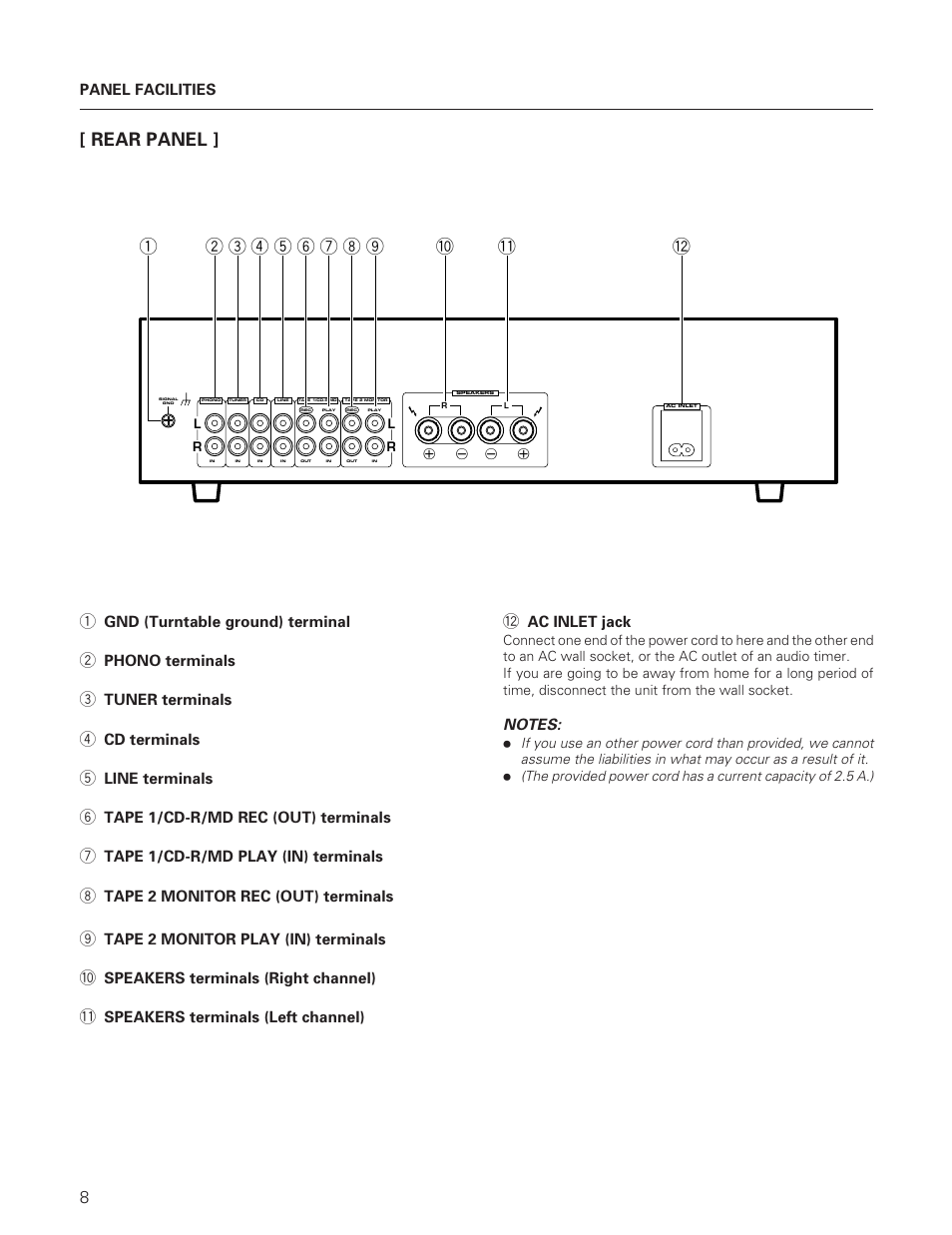 Rear panel, Gnd (turntable ground) terminal, Phono terminals | Tuner terminals, Cd terminals, Line terminals, Tape 1/cd-r/md rec (out) terminals, Tape 1/cd-r/md play (in) terminals, Tape 2 monitor rec (out) terminals, Tape 2 monitor play (in) terminals | Pioneer A-109 User Manual | Page 8 / 12