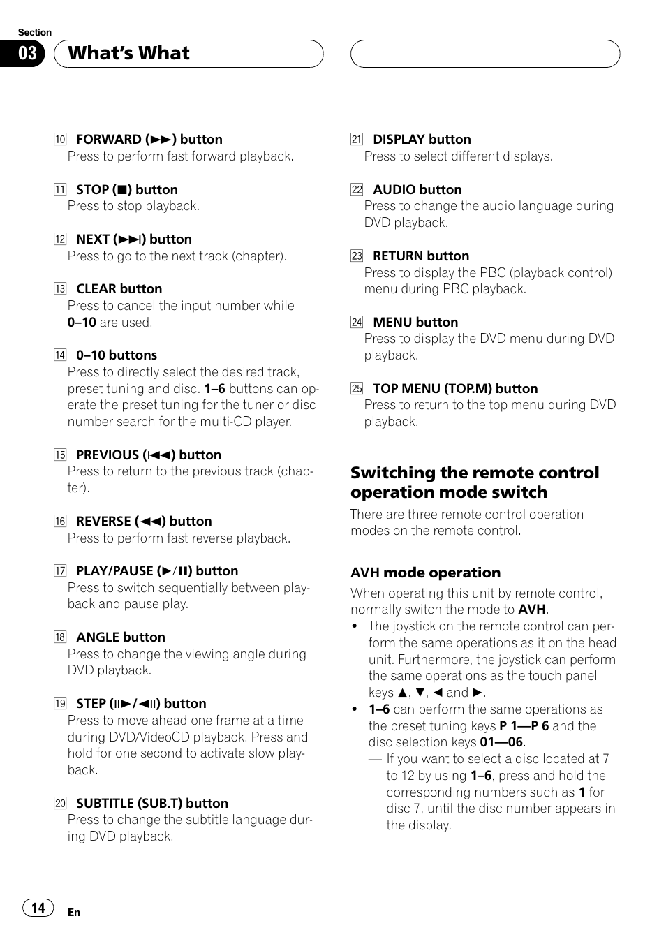 Switching the remote, Control operation mode switch on the next, Whats what | Switching the remote control operation mode switch | Pioneer AVH-P7550DVD User Manual | Page 14 / 104